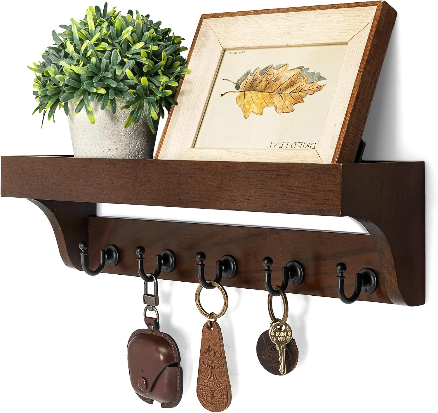Moonval Wall Key Holder, Wooden Mail Organizer with Floating Shelf & 5 Hooks for Entryway