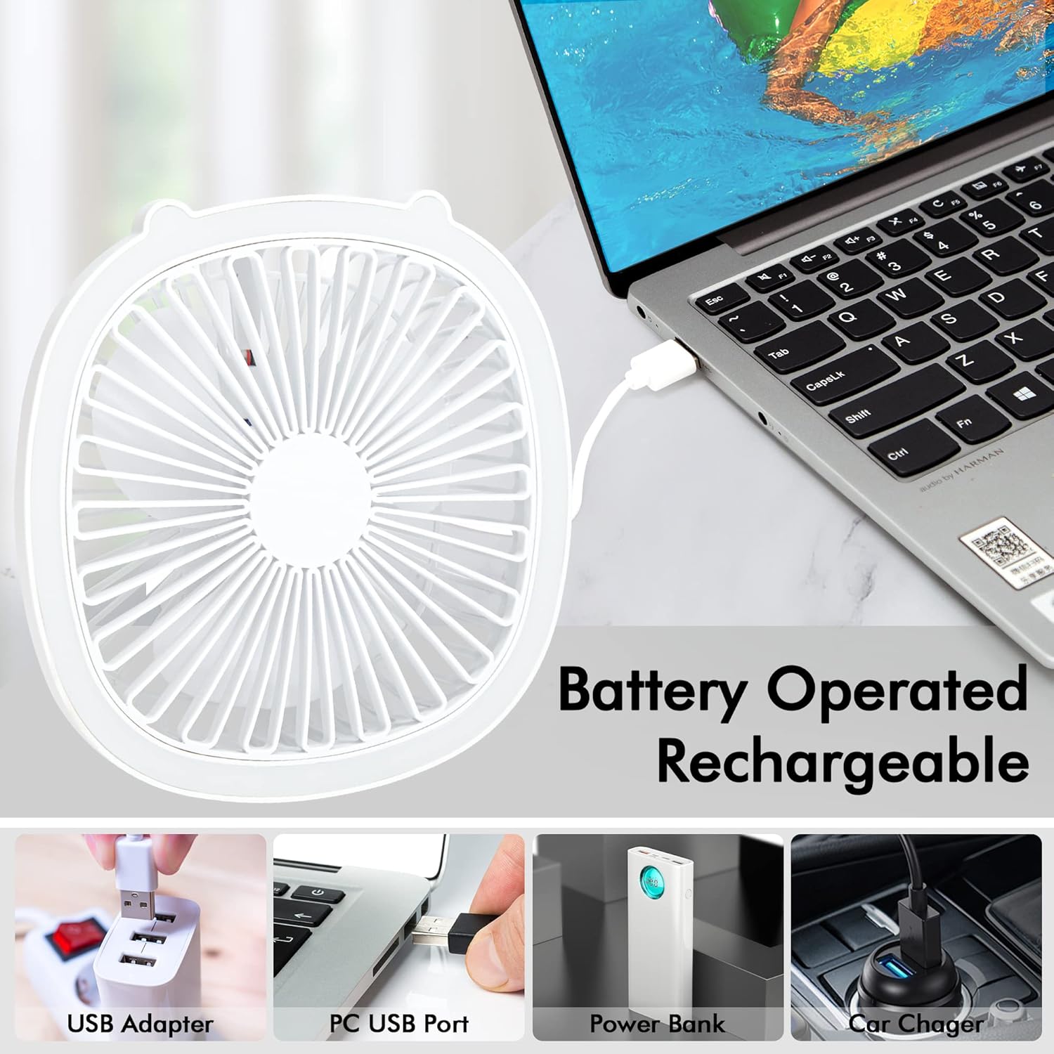 Moonval Portable Desk Fan with LED Light, Rechargeable 2-in-1 Quiet USB Cooling Fan