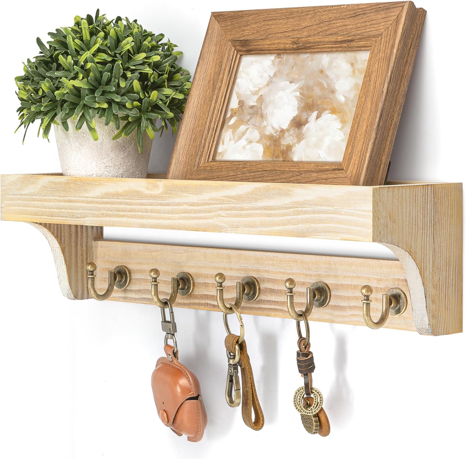 Moonval Wall Key Holder, Wooden Mail Organizer with Floating Shelf & 5 Hooks for Entryway