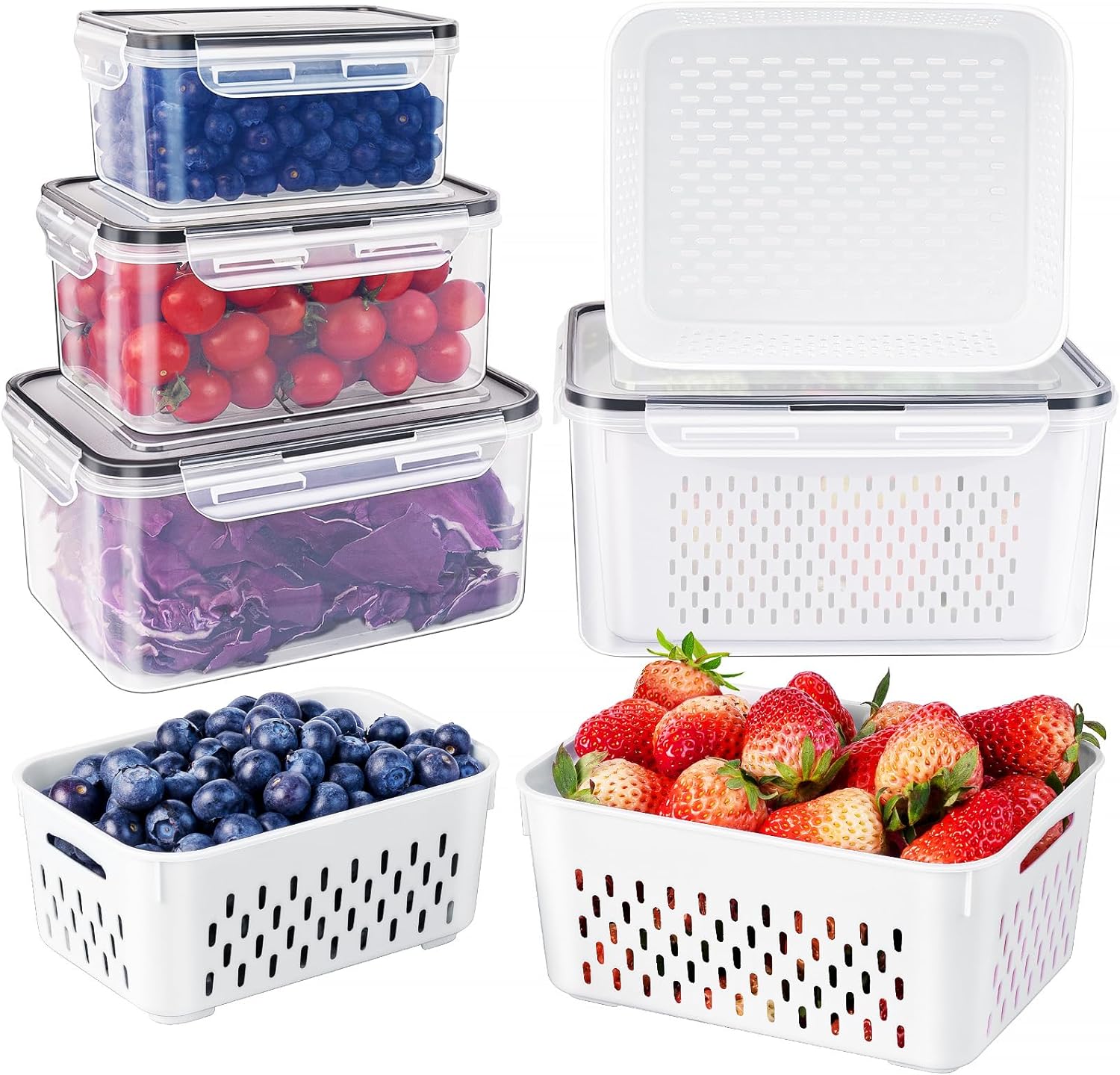 Moonval Produce Storage Containers, Airtight Food Saver Set with Removable Colanders