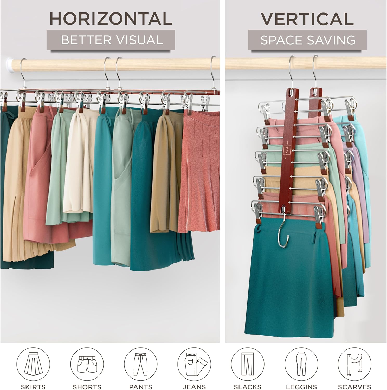 Moonval Skirt Hangers, 2-Pack 5-Tier Wooden Closet Organizers with Clips & 360° Swivel Hooks