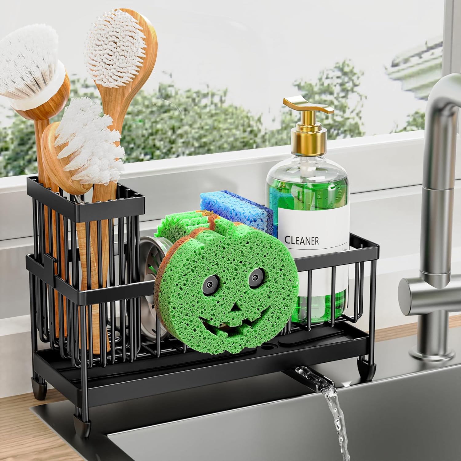 Moonval Kitchen Sink Caddy, 304 Stainless Steel Sponge Holder with Removable Brush Rack