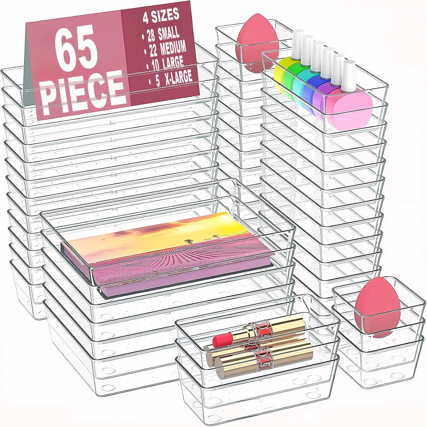 Moonval Clear Drawer Organizer Set, Plastic Storage Trays for Kitchen, Bathroom & Office