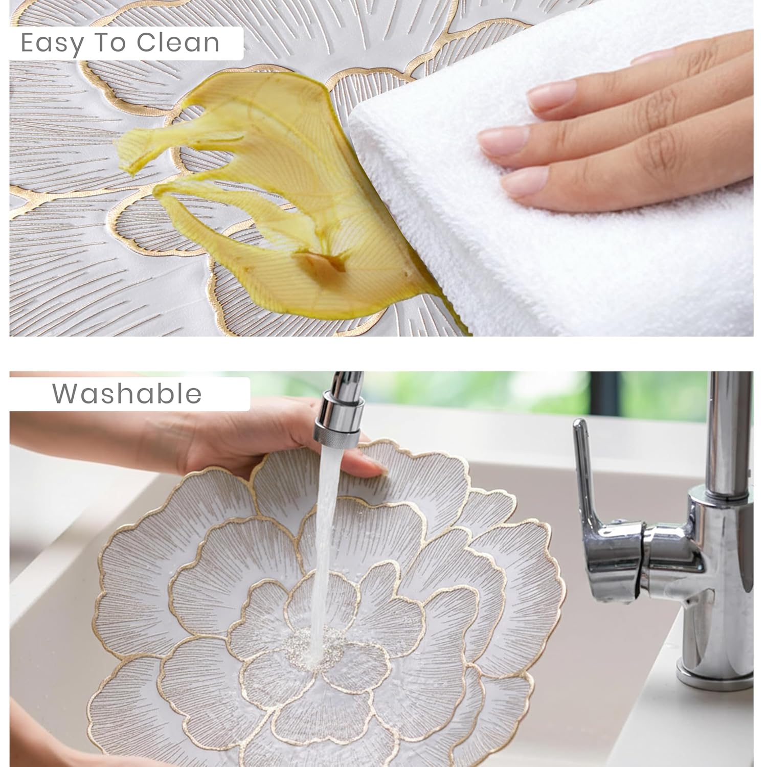 Moonval Floral Round Placemat, Gold-Trim Waterproof PVC Table Mat with Anti-Skid Base