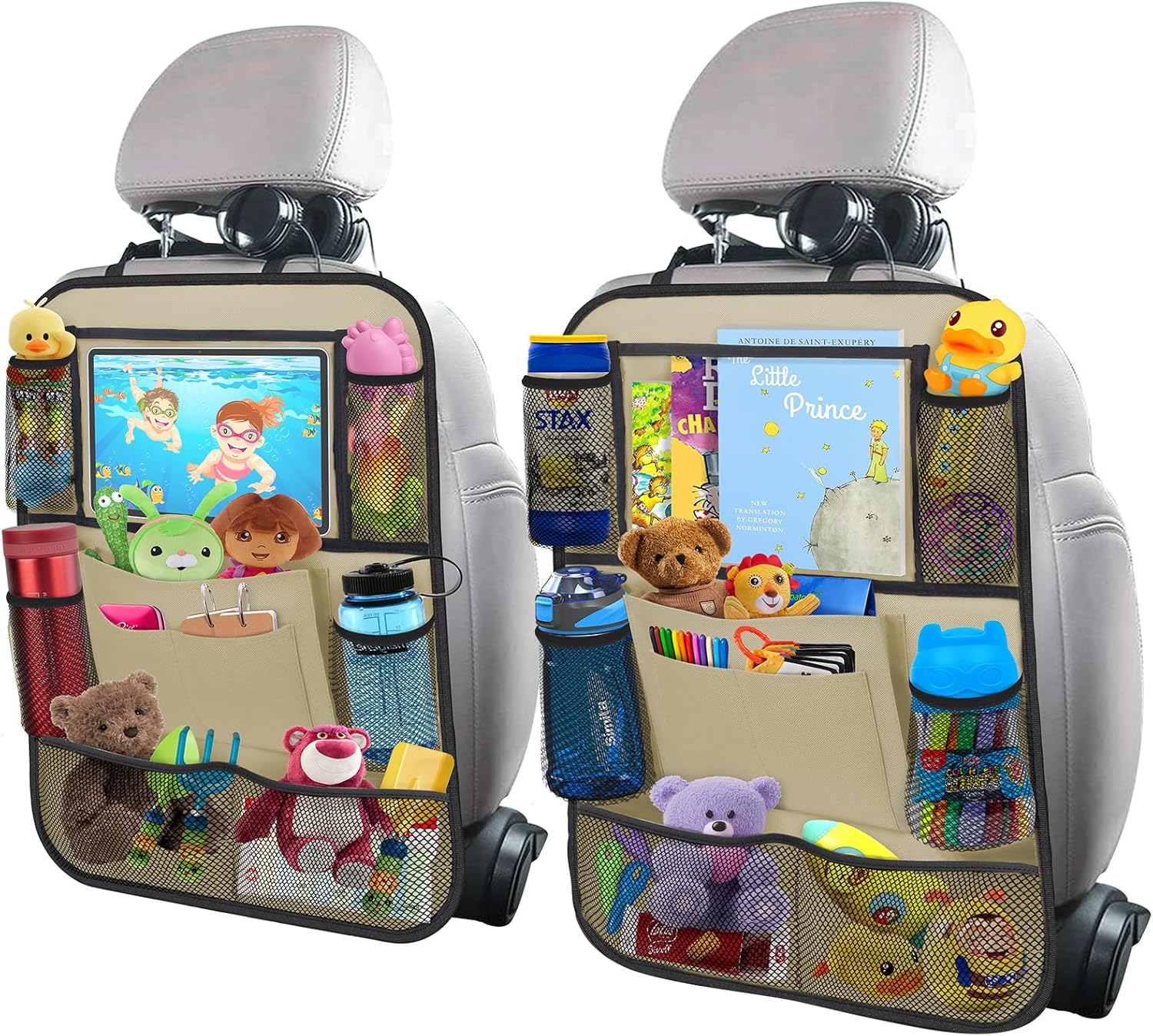 Moonval Backseat Car Organizer, 2-Pack Seat Protectors with Foldable Tray, 9 Pockets & Tablet Holder