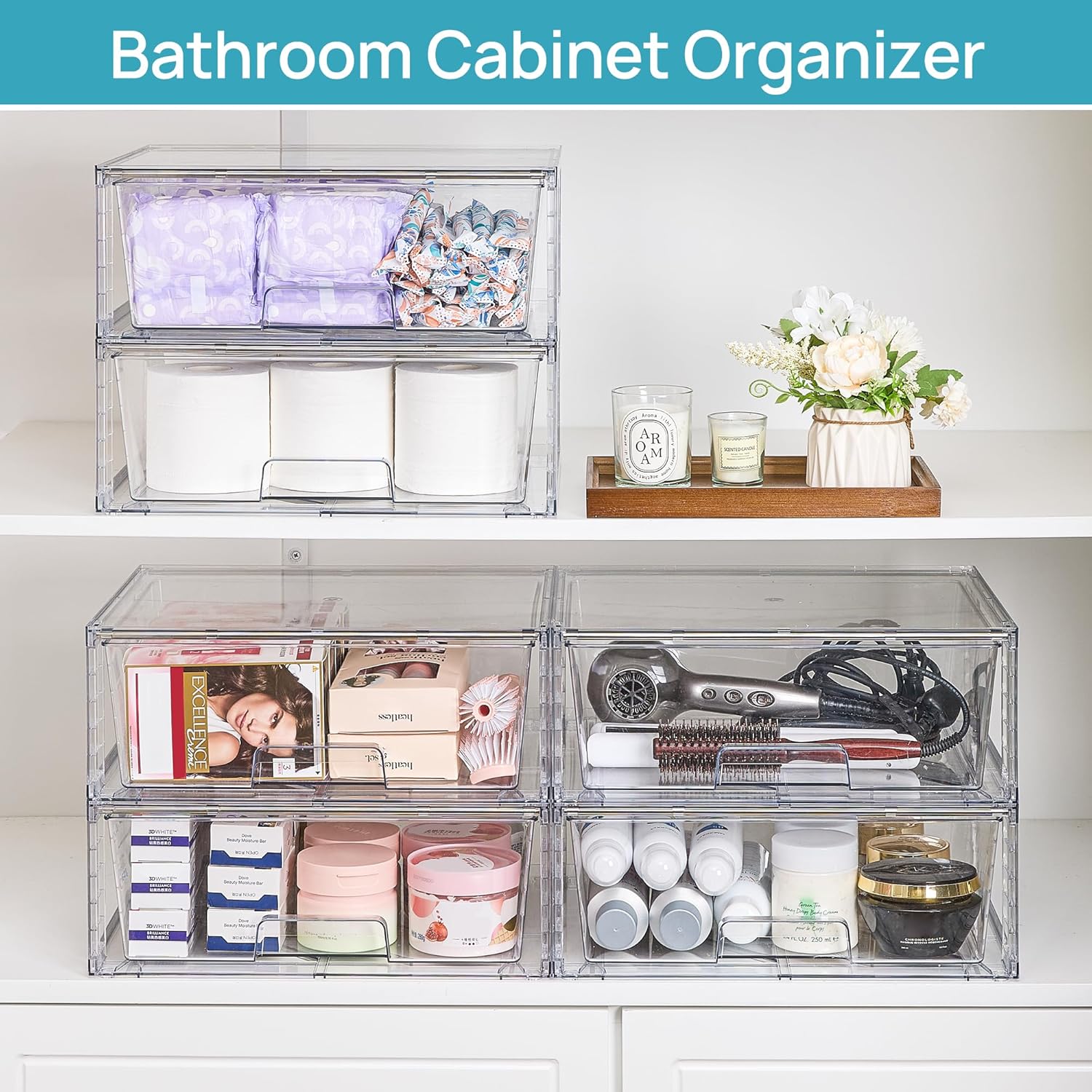 Moonval Stackable Storage Drawers, Clear Acrylic Organizer Bins for Bathroom, Kitchen & Closet