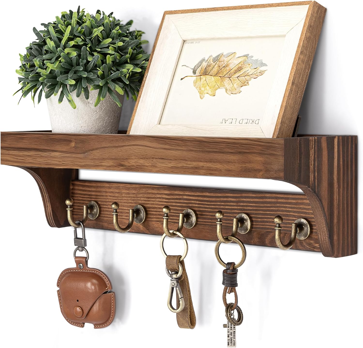 Moonval Wall Key Holder, Wooden Mail Organizer with Floating Shelf & 5 Hooks for Entryway