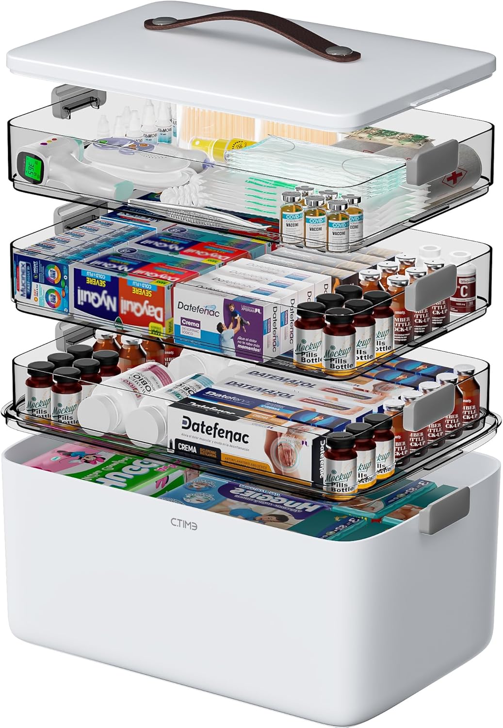 Moonval Medicine Organizer, 3-Tier Portable First Aid Storage Box with Leather Handle for Home