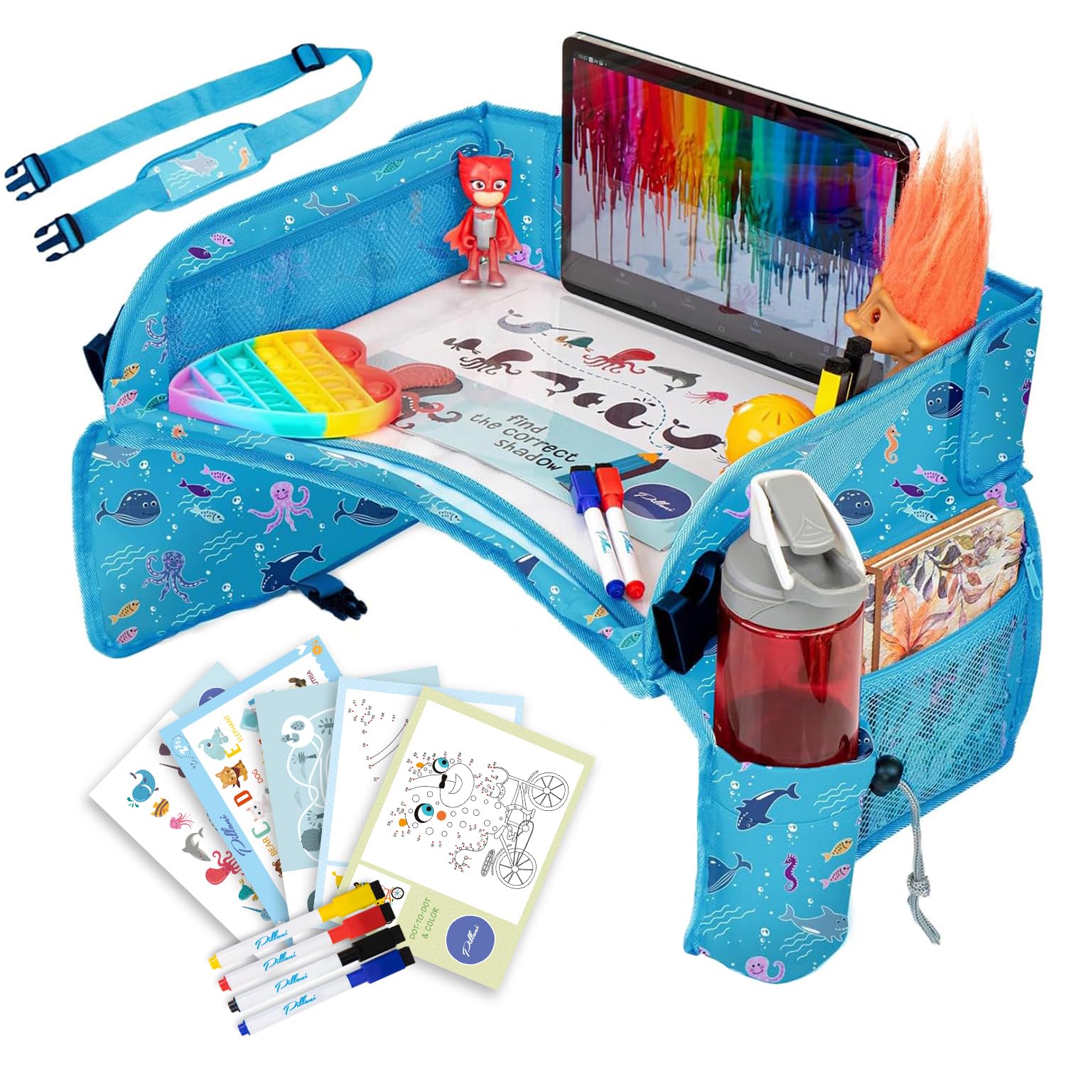 Moonval Kids Travel Tray, Car Seat Activity Lap Desk with Storage Pockets, Activity Sheets & Pens