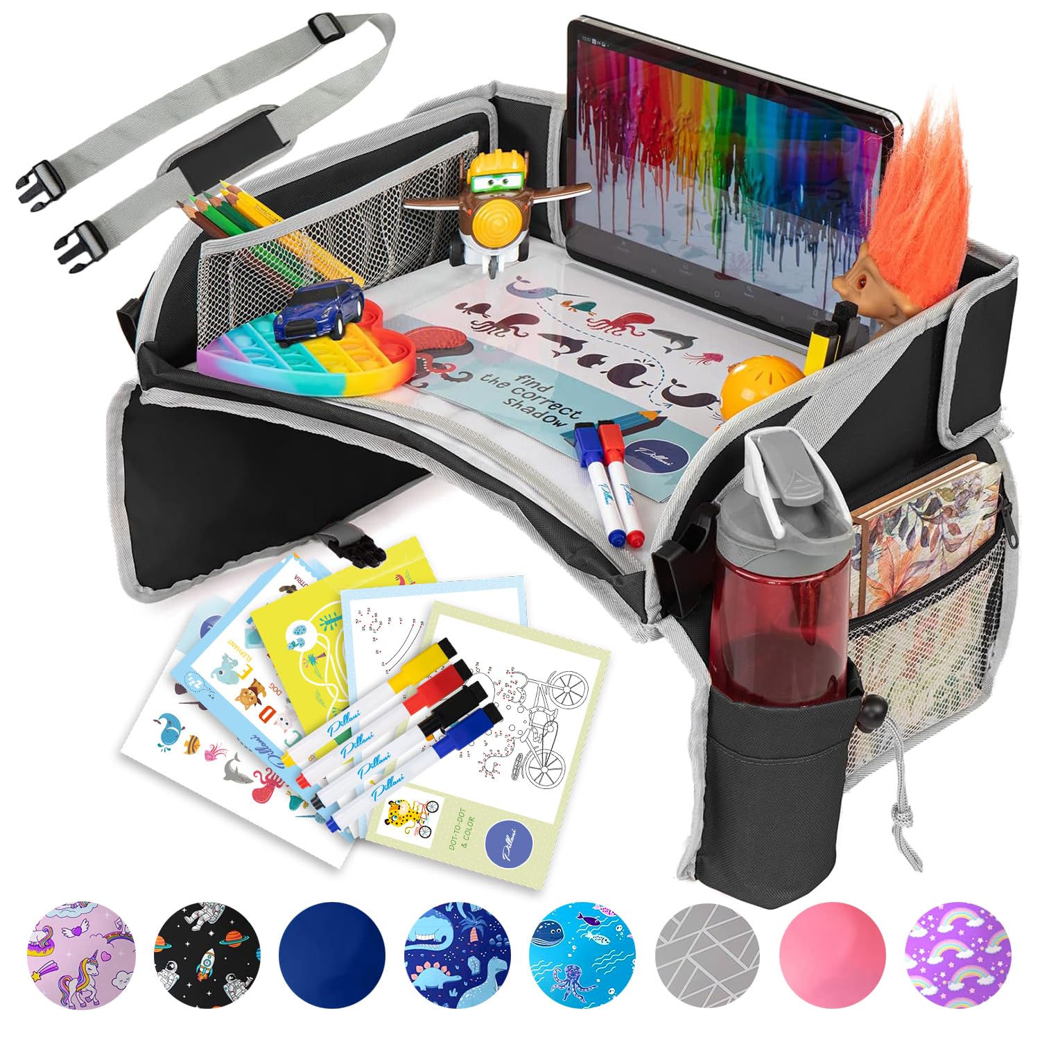 Moonval Kids Travel Tray, Car Seat Activity Lap Desk with Storage Pockets, Activity Sheets & Pens