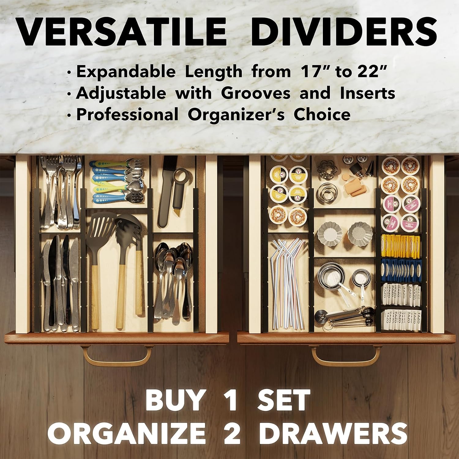 Moonval Bamboo Drawer Dividers, Adjustable Organizers with Inserts & Labels for Kitchen & Dressers