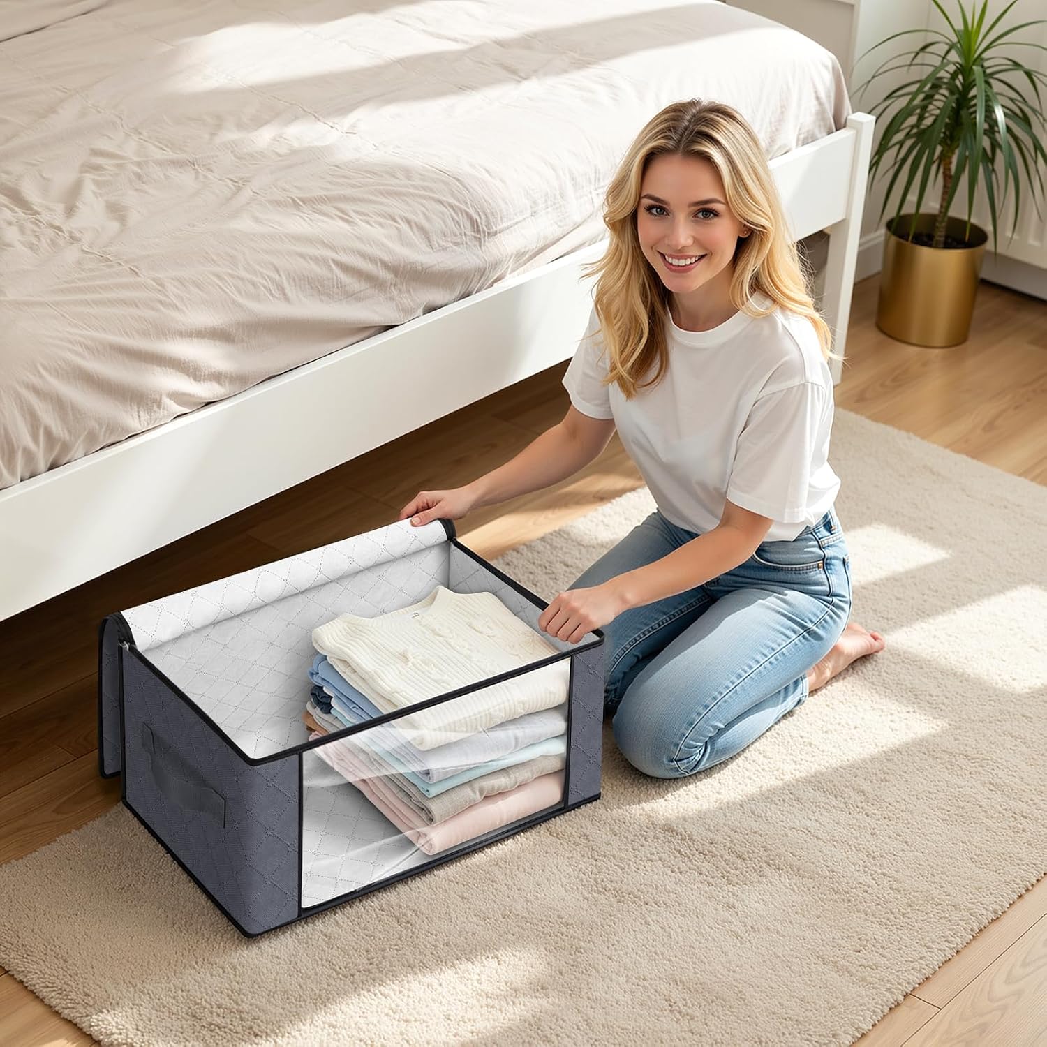 Moonval Closet Storage Bags, 3-Pack 35L Foldable Under Bed Organizers with Handles for Clothing