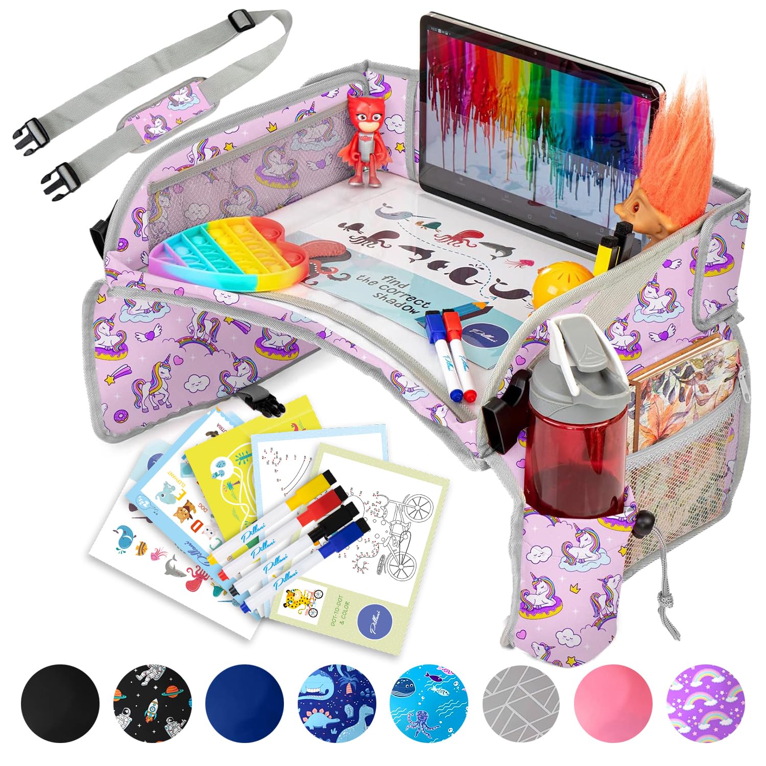 Moonval Kids Travel Tray, Car Seat Activity Lap Desk with Storage Pockets, Activity Sheets & Pens