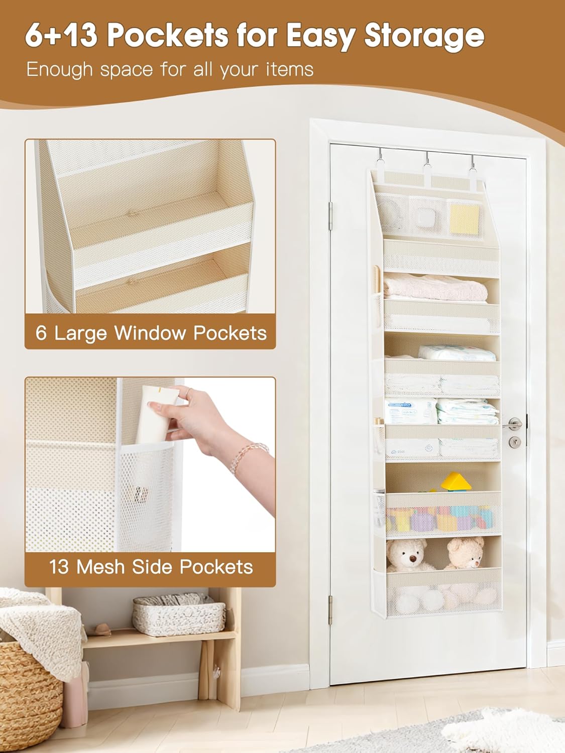 Moonval Over-the-Door Organizer, 6-Shelf Hanging Storage with 13 Mesh Pockets