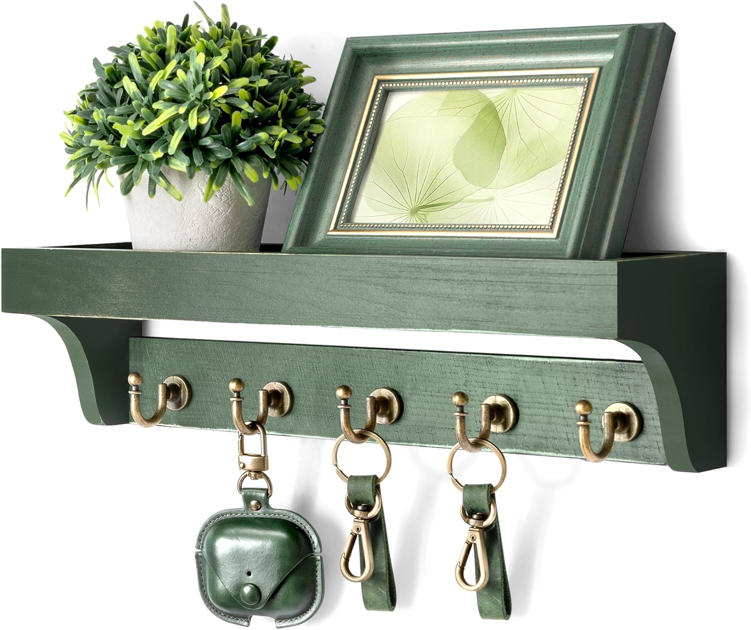Moonval Wall Key Holder, Wooden Mail Organizer with Floating Shelf & 5 Hooks for Entryway
