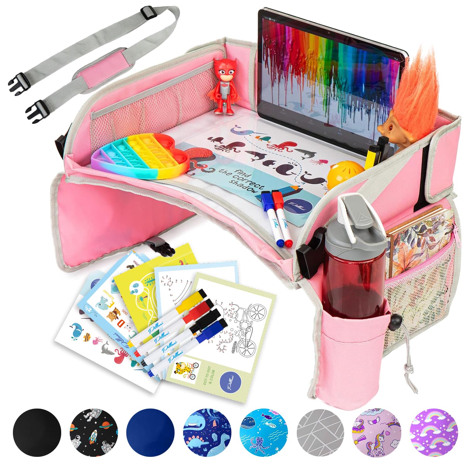 Moonval Kids Travel Tray, Car Seat Activity Lap Desk with Storage Pockets, Activity Sheets & Pens