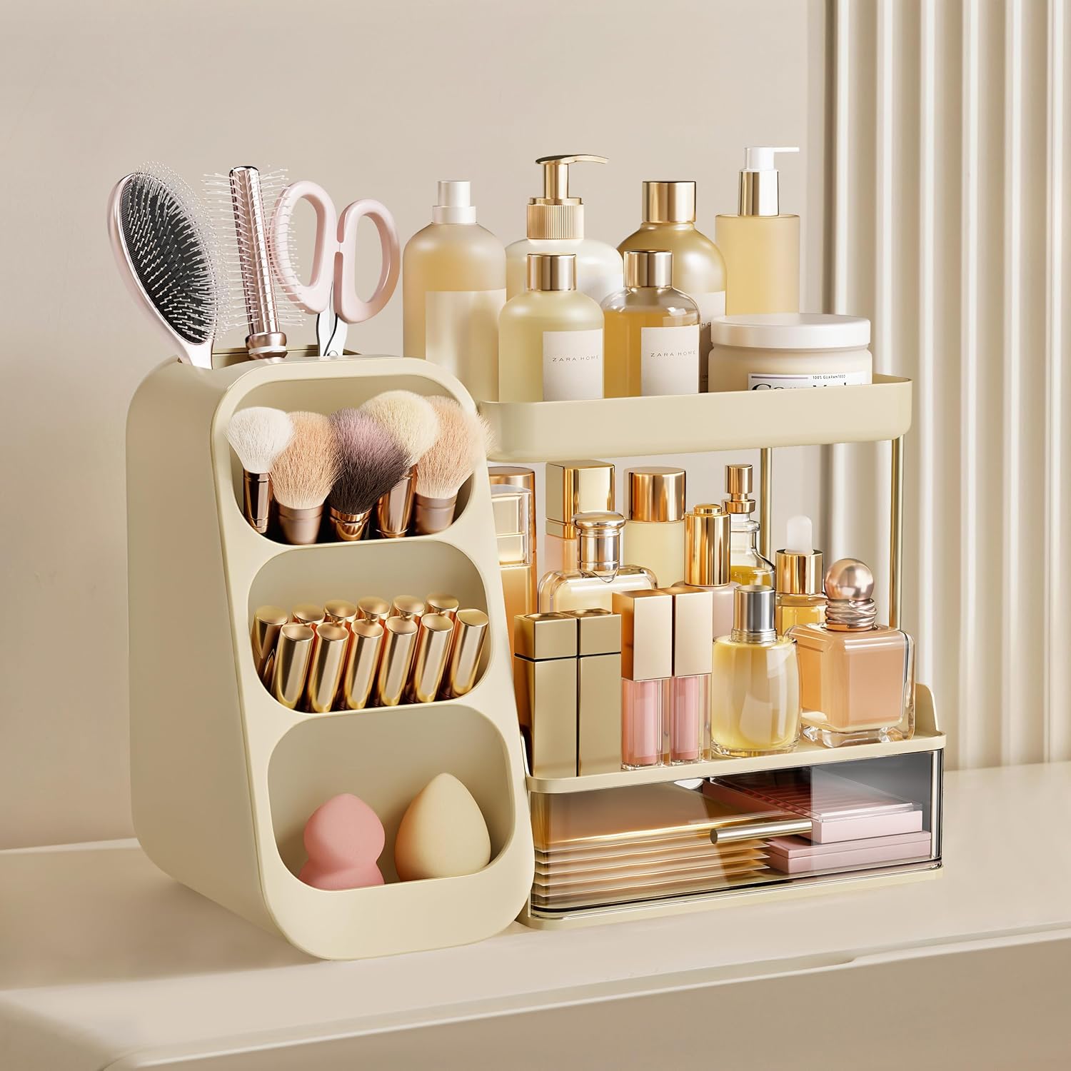 Moonval Bathroom Organizer, 3-Tier Vanity Storage with Brush Holder for Makeup & Skincare