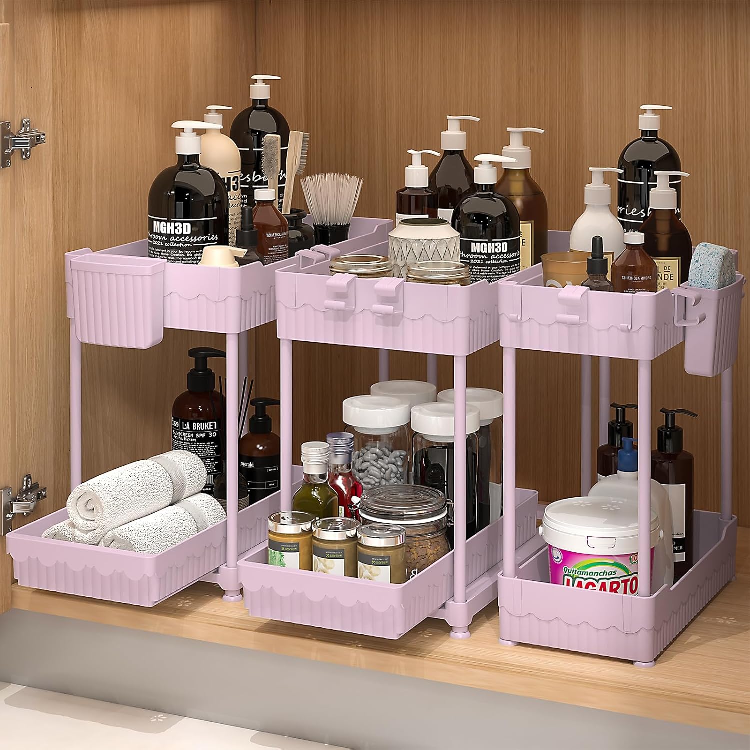 Moonval Under Sink Organizers, 3-Pack 2-Tier Sliding Storage Drawers for Kitchen & Bathroom Cabinets