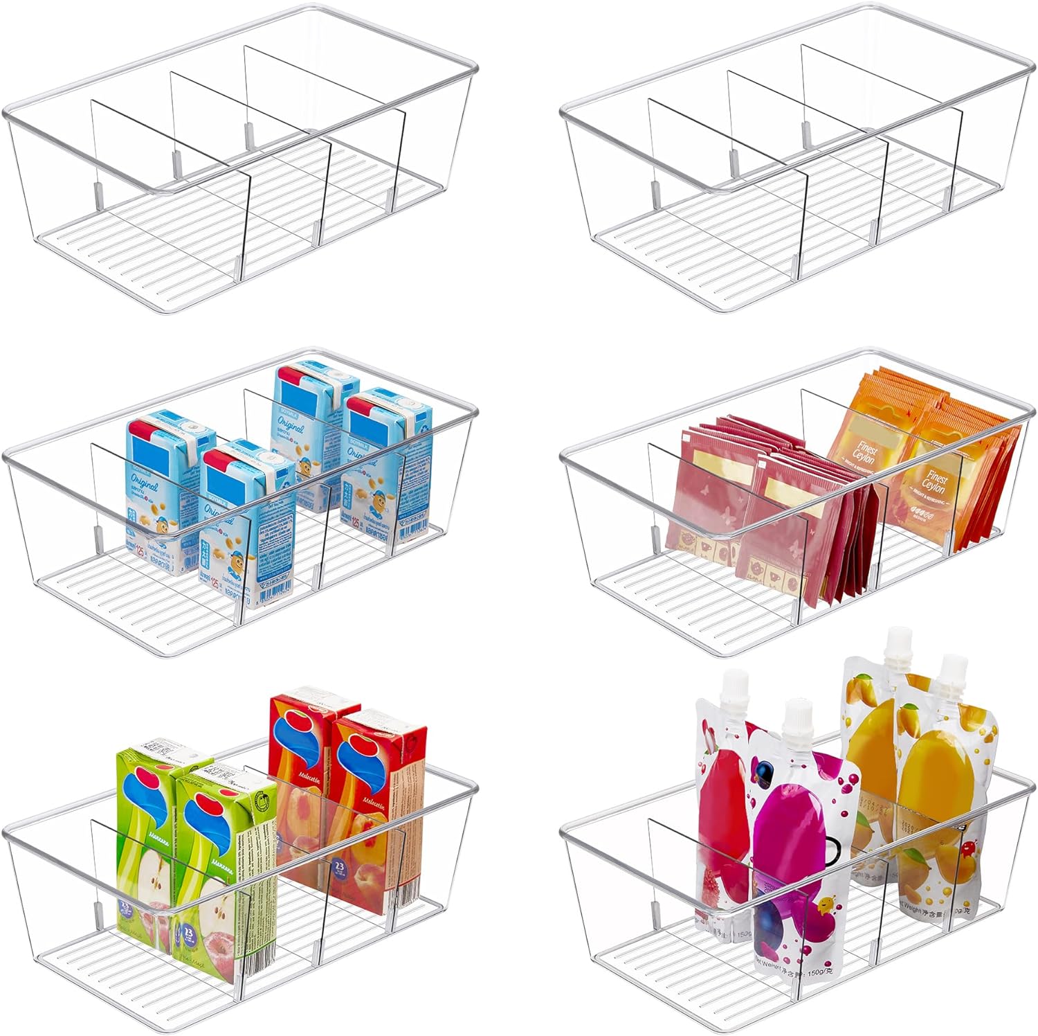 Moonval Food Storage Organizer Bins, Clear Pantry Containers with 4 Compartments for Snacks & Packets