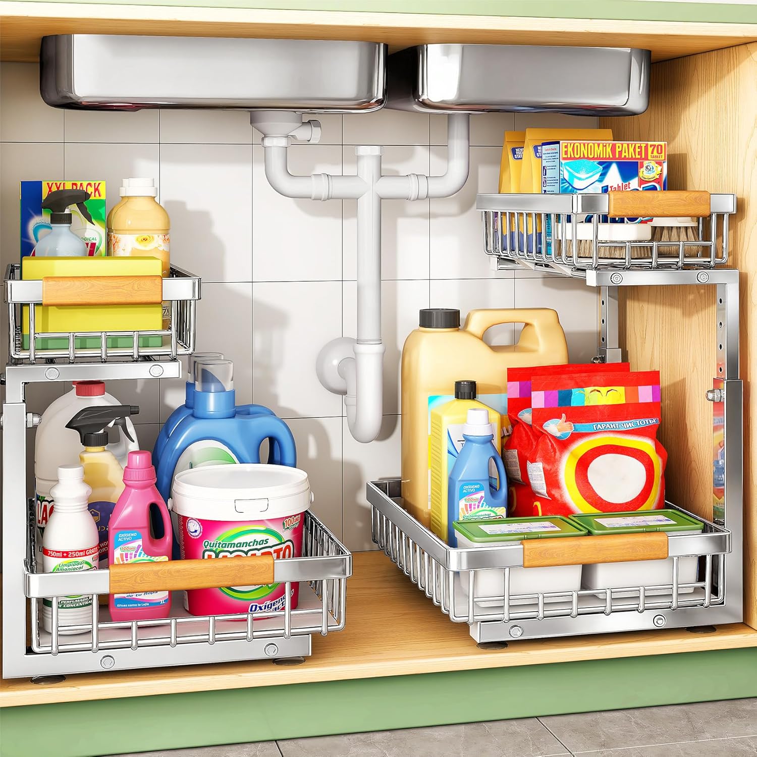 Moonval Under Sink Organizer, 2-Tier Sliding Cabinet Storage Shelf for Kitchen, Bathroom & Pantry