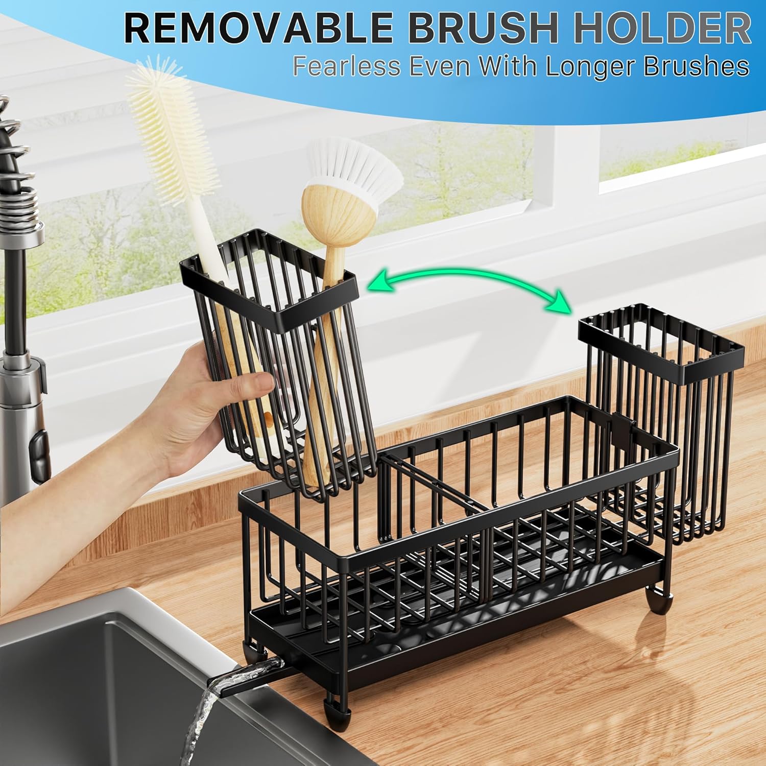 Moonval Kitchen Sink Caddy, 304 Stainless Steel Sponge Holder with Removable Brush Rack