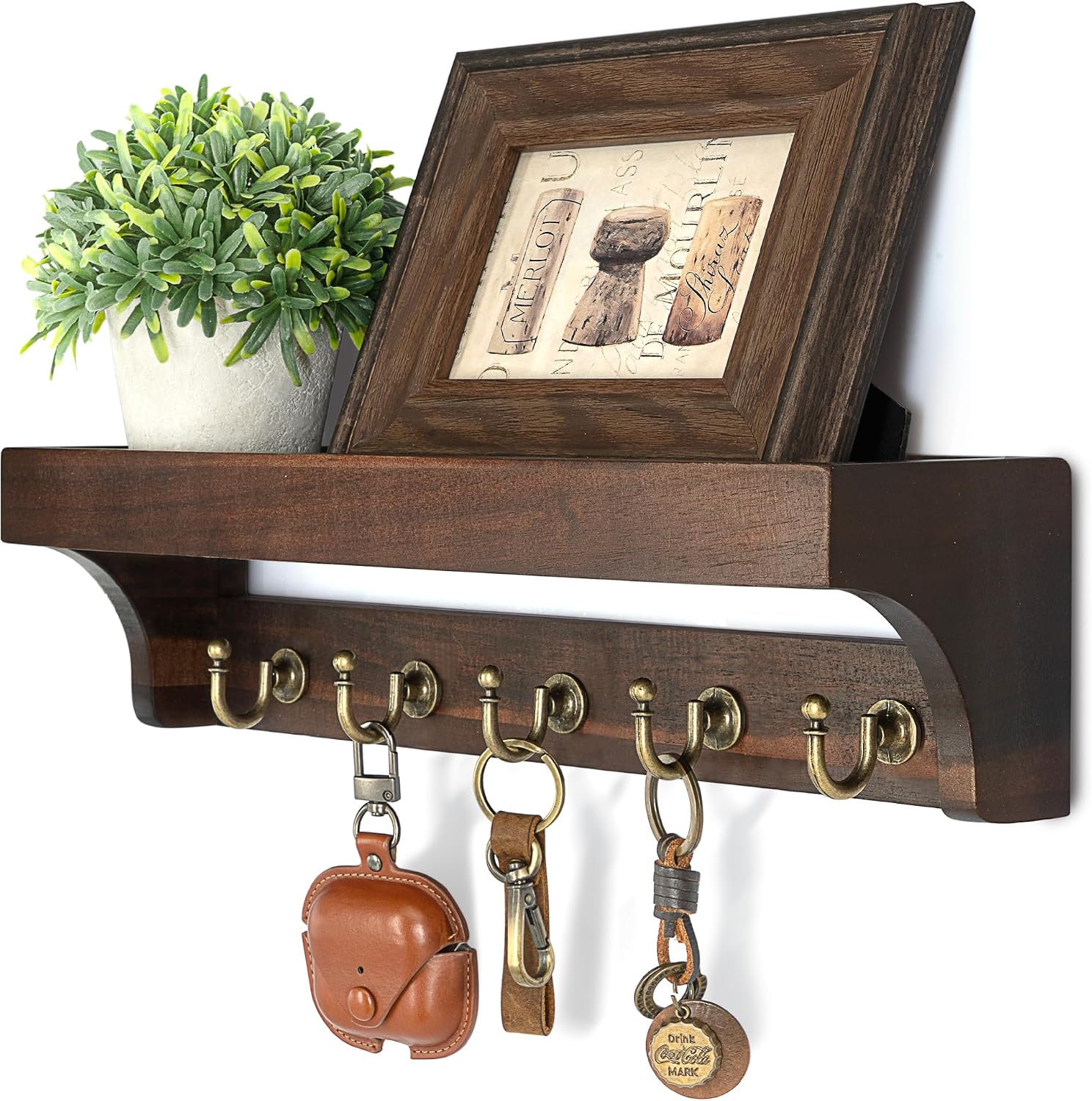 Moonval Wall Key Holder, Wooden Mail Organizer with Floating Shelf & 5 Hooks for Entryway