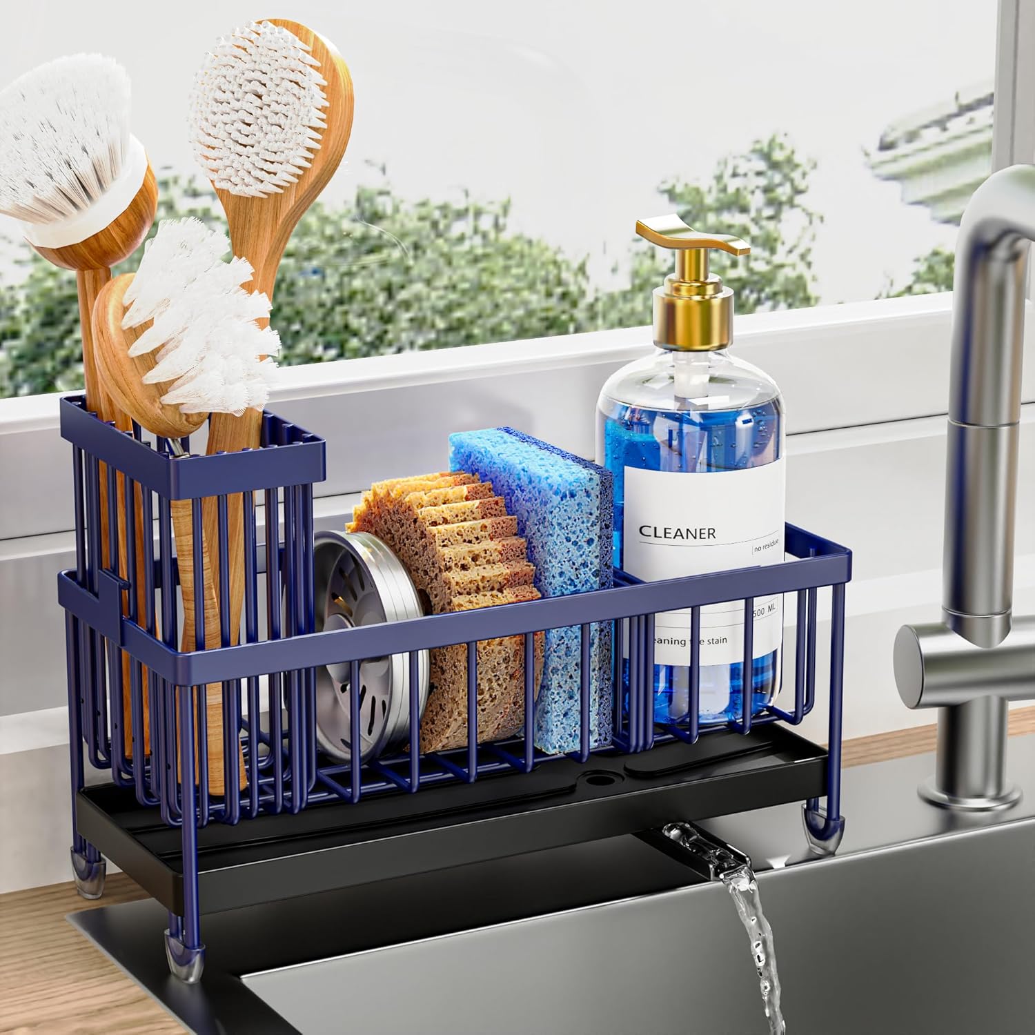 Moonval Kitchen Sink Caddy, 304 Stainless Steel Sponge Holder with Removable Brush Rack