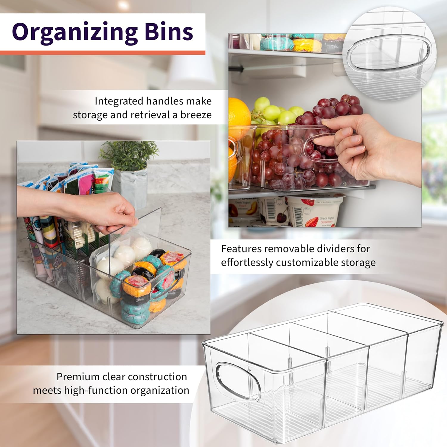 Moonval Pantry Storage Bins, Clear Organizers with Removable Dividers for Kitchen & Refrigerator