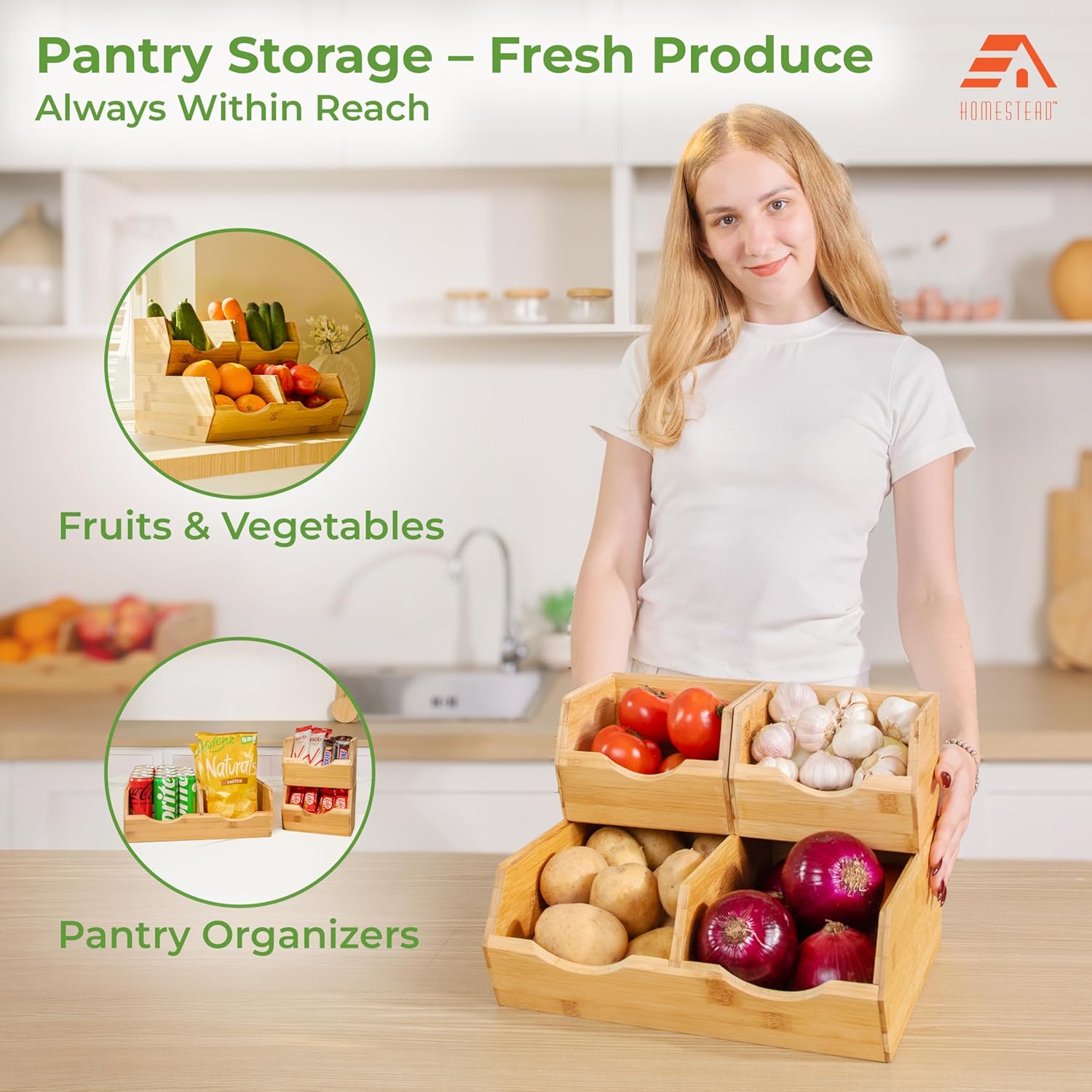 Moonval Bamboo Pantry Storage Bins, 3-Pack Stackable Potato & Onion Organizers with Slide-Out Access