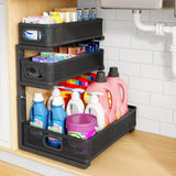 Moonval Under Sink Organizer, 3-Tier Height-Adjustable Sliding Metal Cabinet Shelf with Pull-Out Drawers