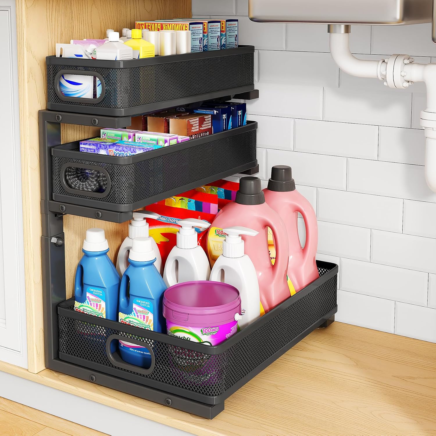 Moonval Under Sink Organizer, 3-Tier Height-Adjustable Sliding Metal Cabinet Shelf with Pull-Out Drawers
