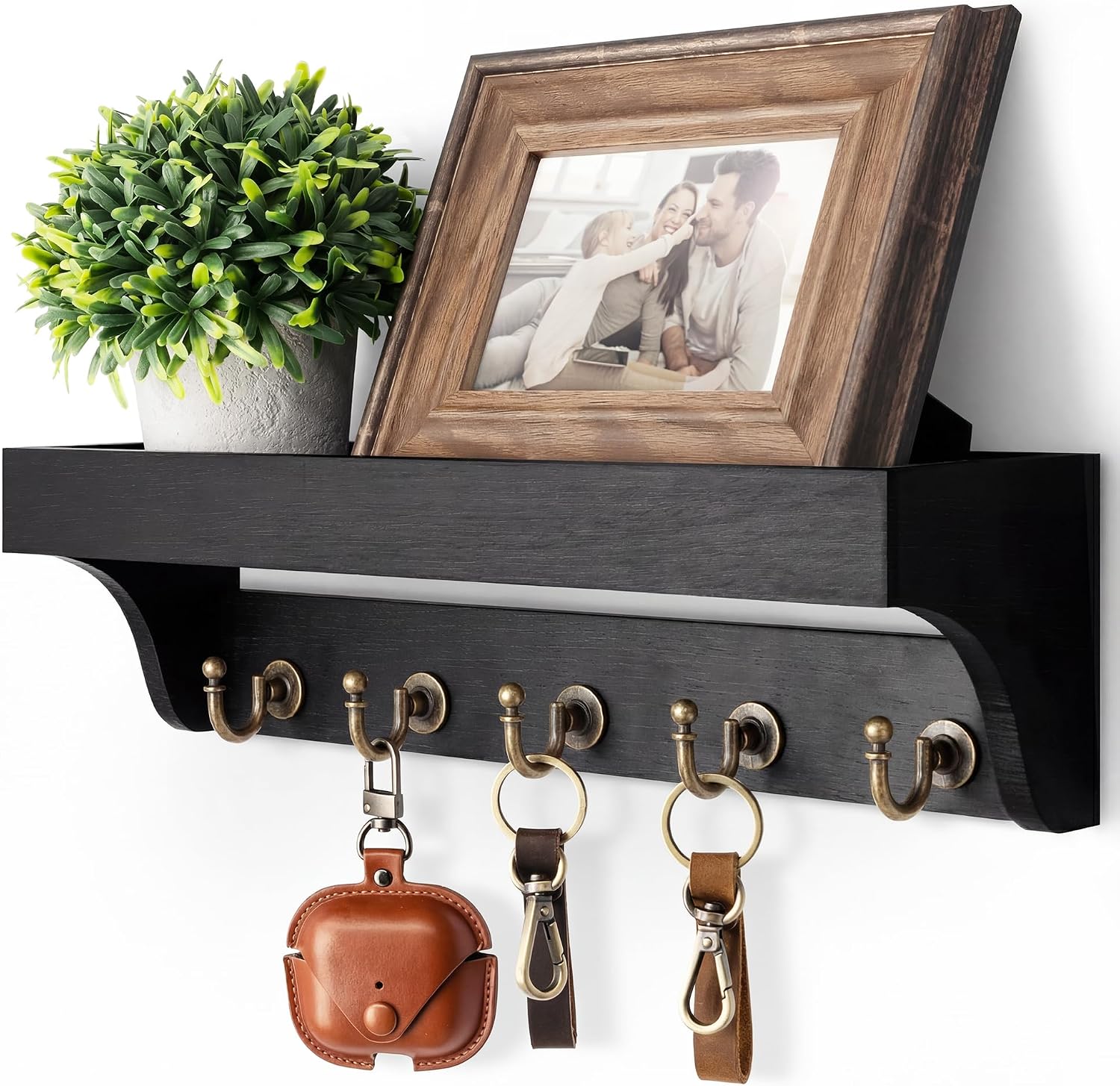 Moonval Wall Key Holder, Wooden Mail Organizer with Floating Shelf & 5 Hooks for Entryway
