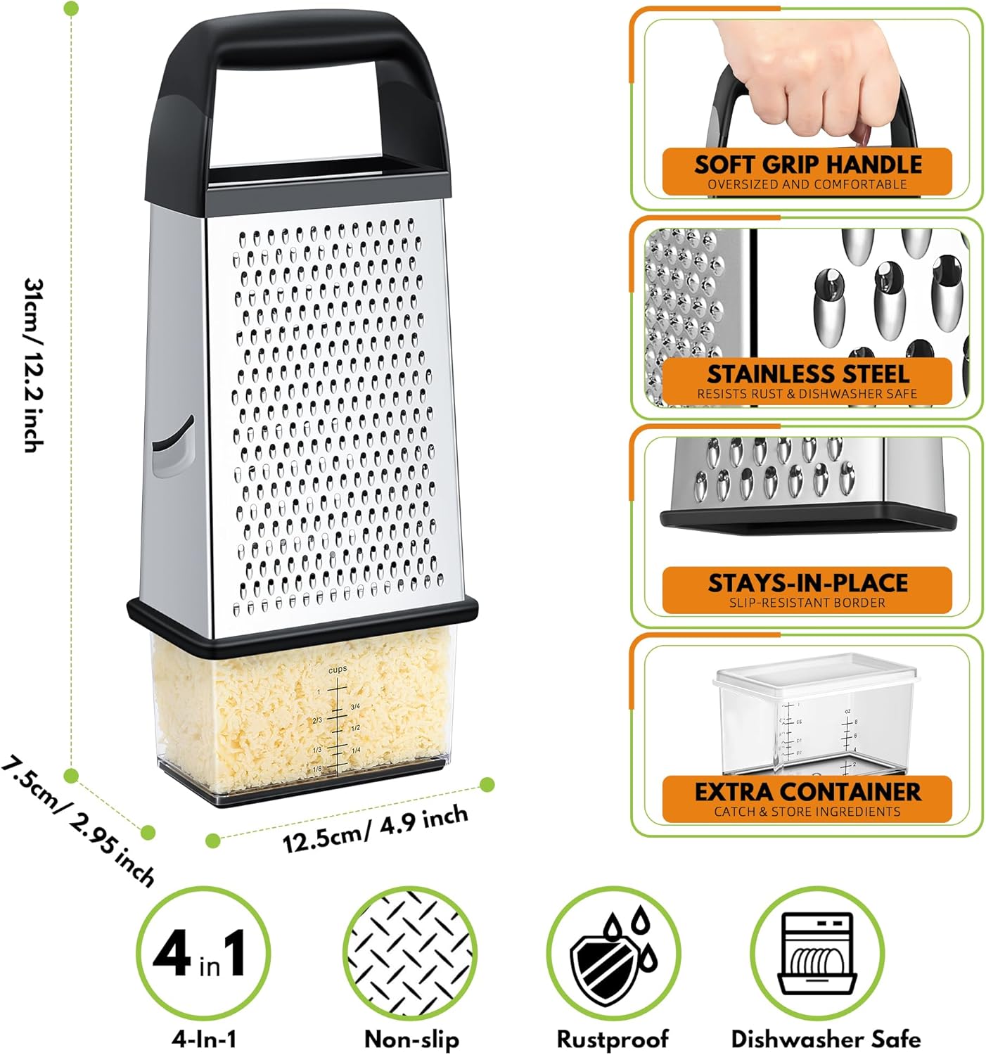 Moonval Cheese Grater, Stainless Steel Box Grater with Container for Cheese, Vegetables & Zesting