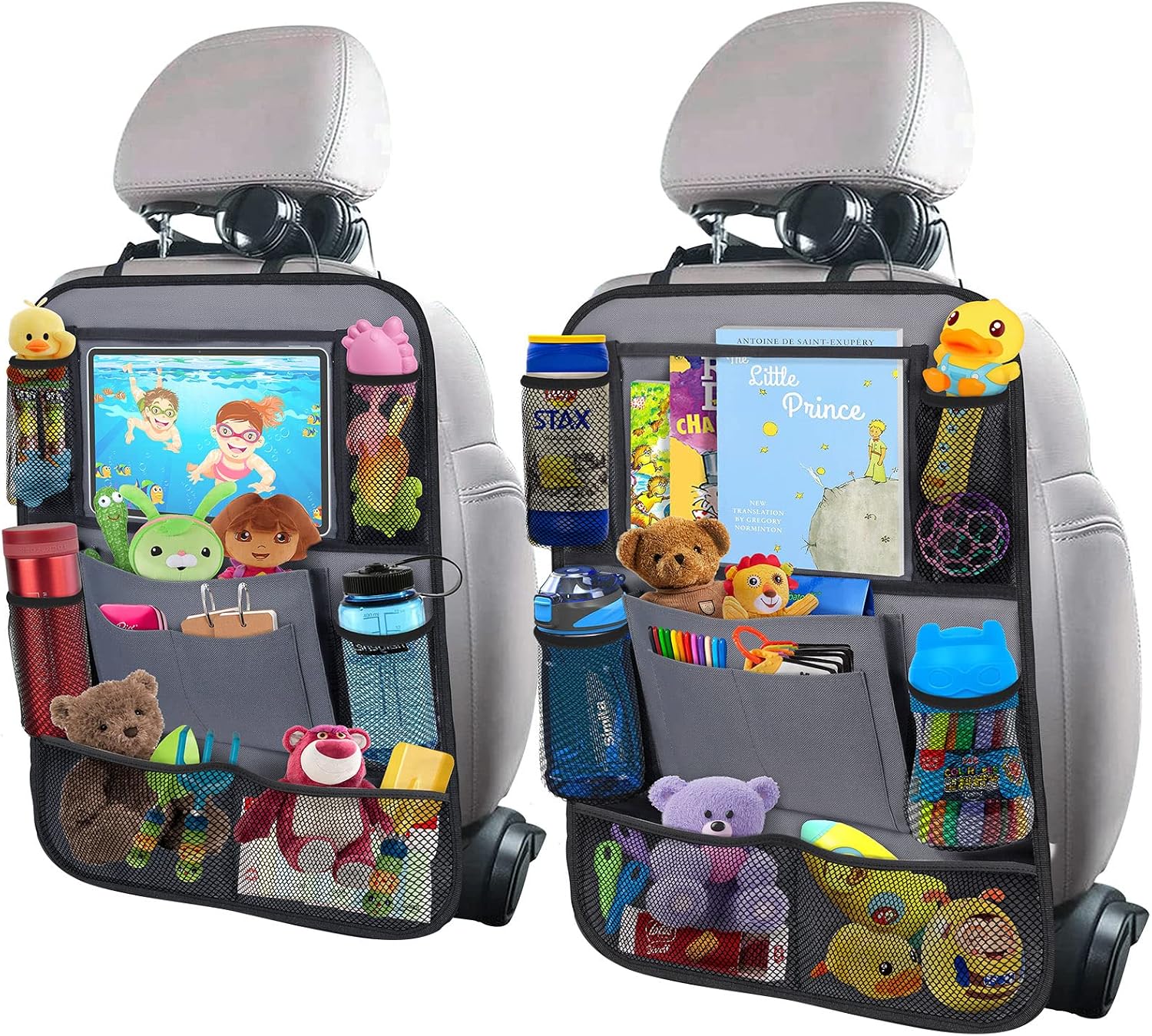 Moonval Backseat Car Organizer, 2-Pack Seat Protectors with Foldable Tray, 9 Pockets & Tablet Holder