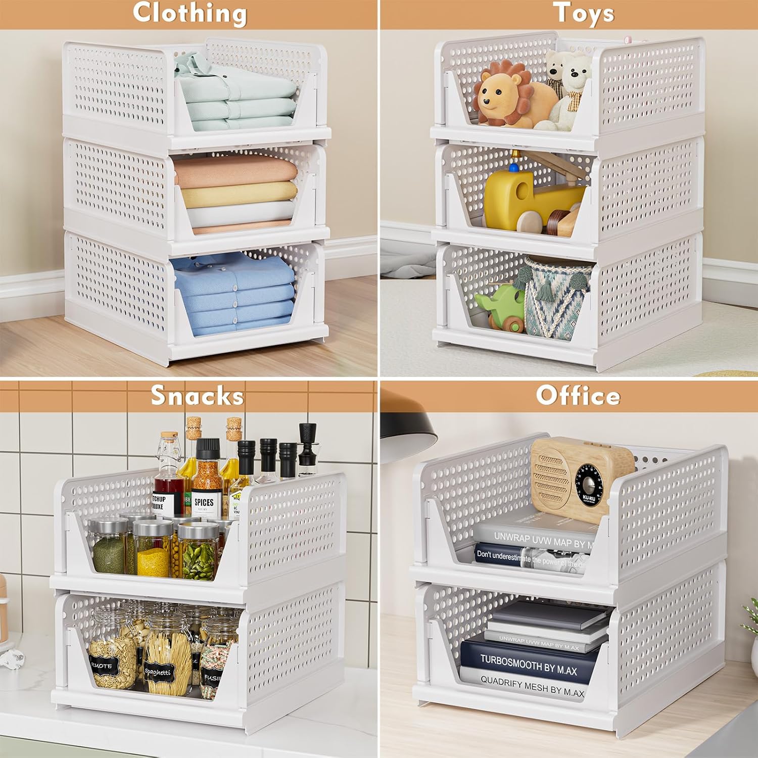 Moonval Stackable Closet Storage Baskets, 4-Pack Foldable Organizer Bins with Dividers for Clothes & Hats