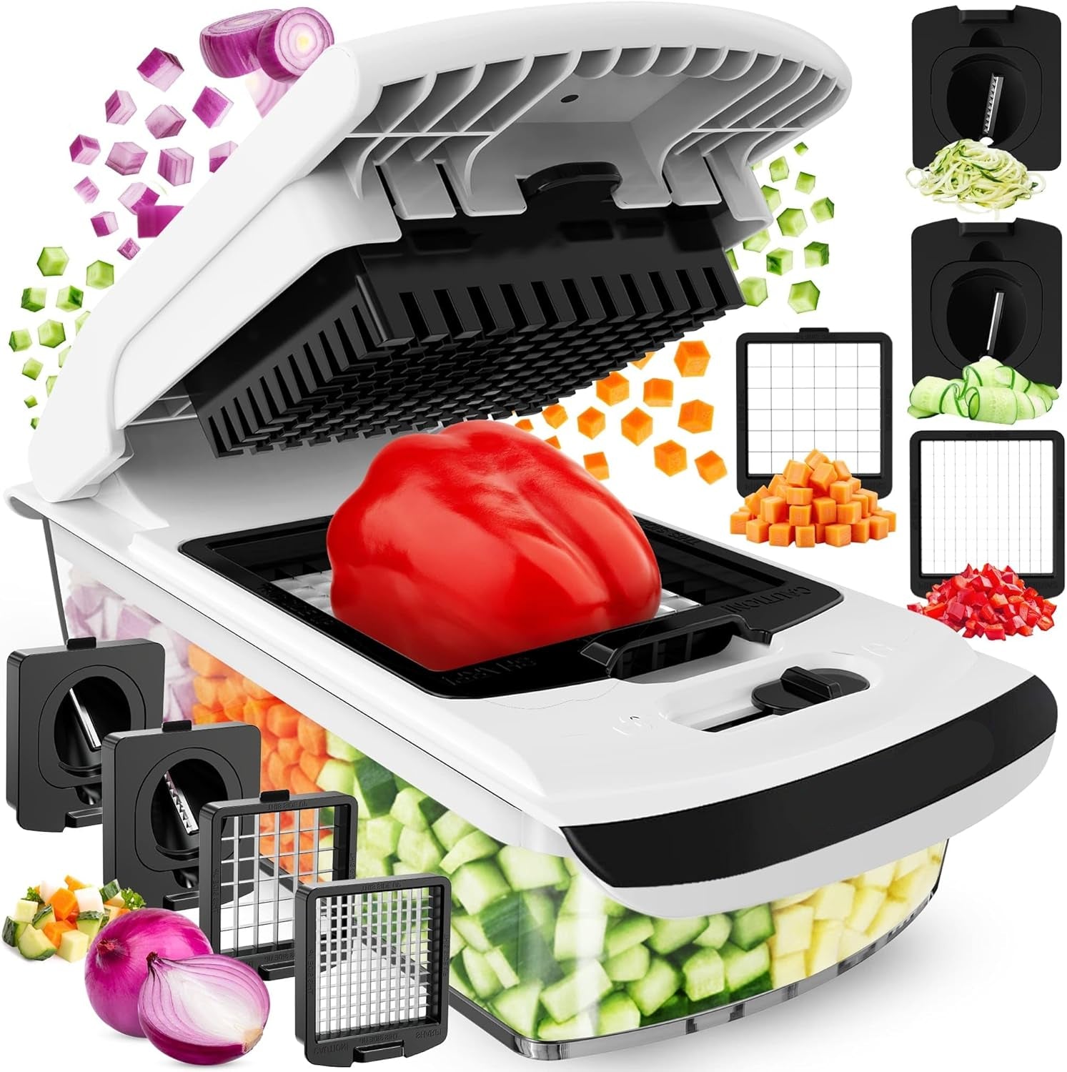 Moonval Vegetable Chopper, 4-in-1 Food Chopper & Spiralizer with Container for Kitchen Prep