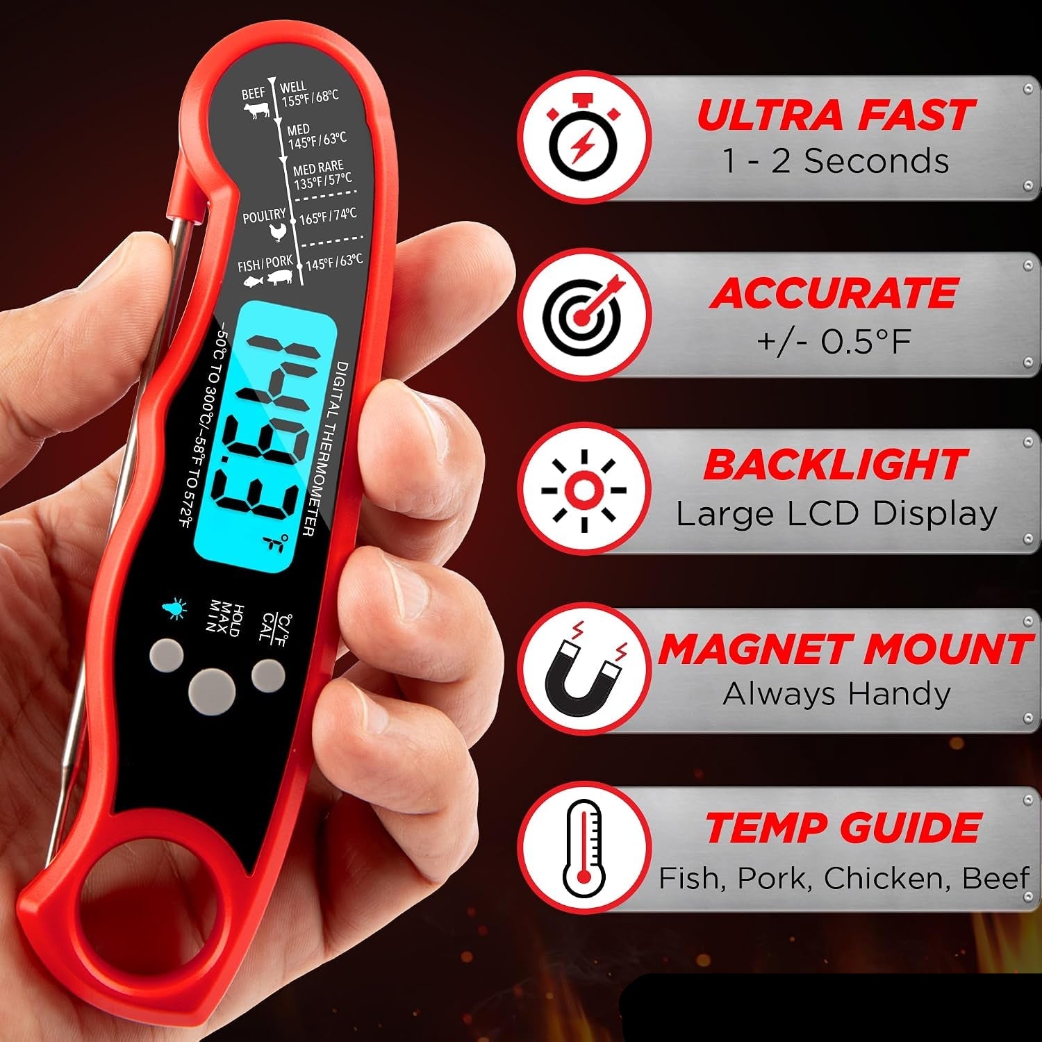 Moonval Digital Meat Thermometer, Instant Read Food Thermometer for Cooking, Grilling & BBQ