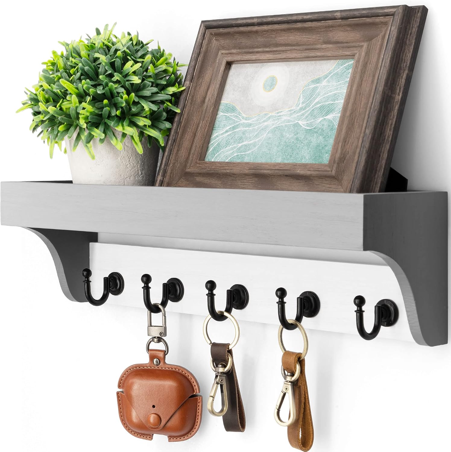 Moonval Wall Key Holder, Wooden Mail Organizer with Floating Shelf & 5 Hooks for Entryway