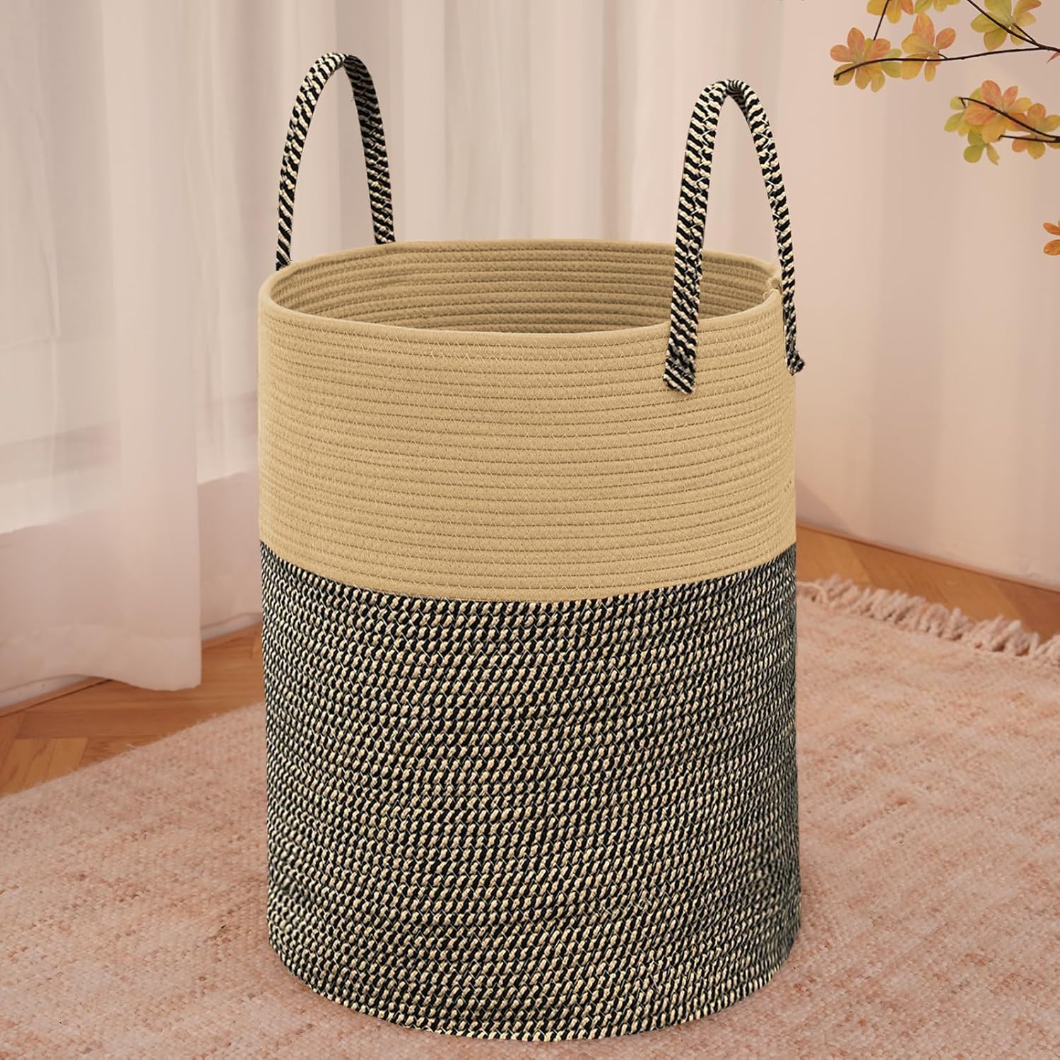 Moonval Woven Laundry Basket, 60L Cotton Rope Hamper for Clothes, Blankets & Toys