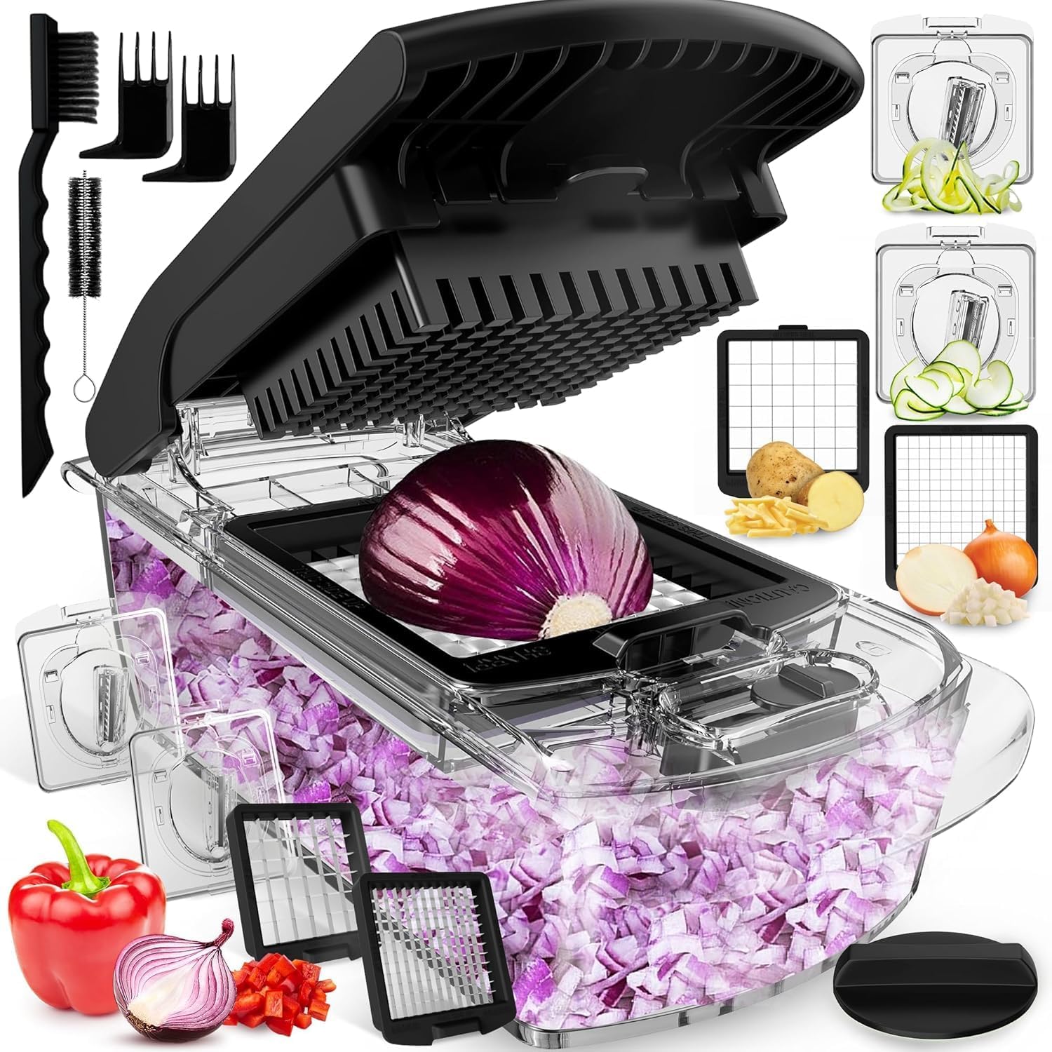 Moonval Vegetable Chopper, 4-in-1 Food Chopper & Spiralizer with Container for Kitchen Prep