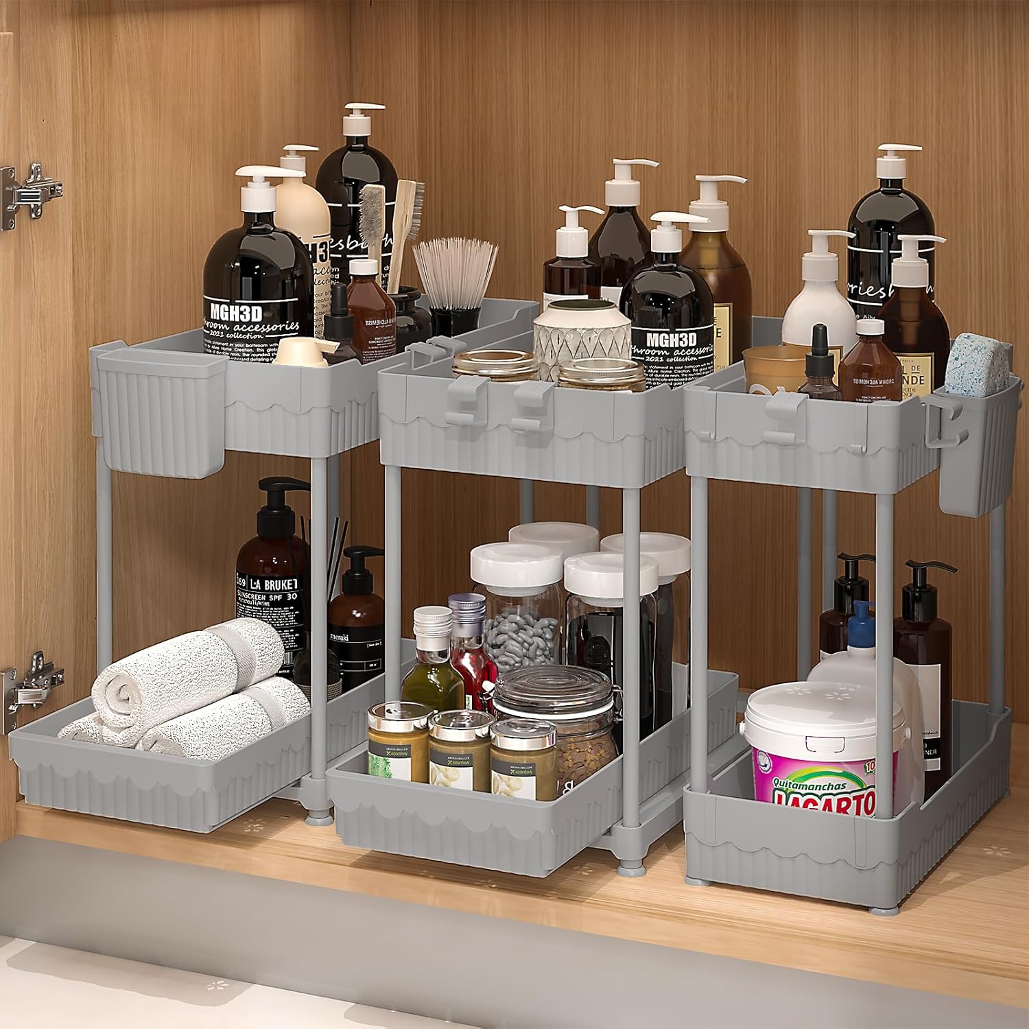 Moonval Under Sink Organizers, 3-Pack 2-Tier Sliding Storage Drawers for Kitchen & Bathroom Cabinets