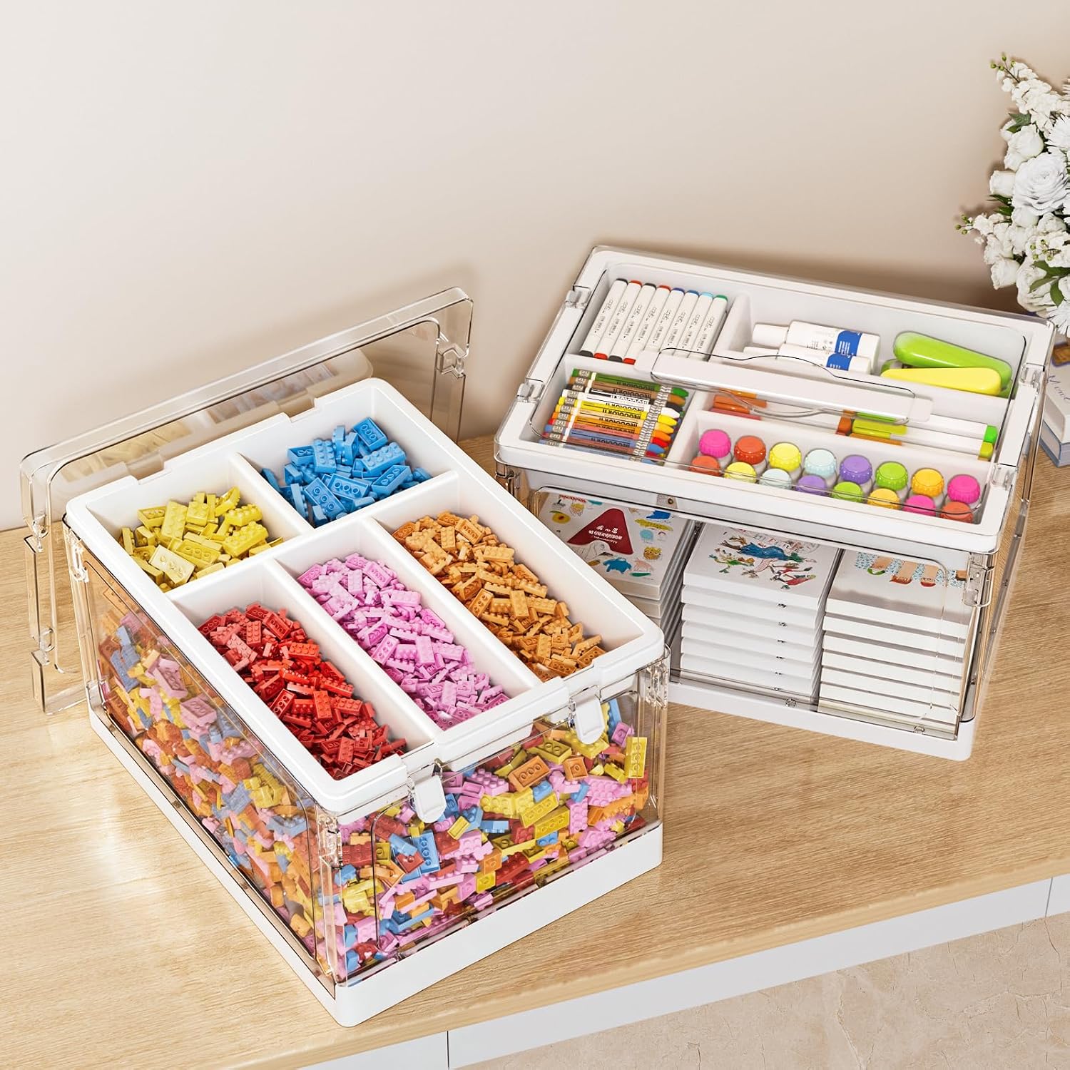 Moonval Craft Storage Box, Clear Organizer with Removable Tray & Lid for Art, Sewing & School Supplies