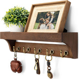 Moonval Wall Key Holder, Wooden Mail Organizer with Floating Shelf & 5 Hooks for Entryway
