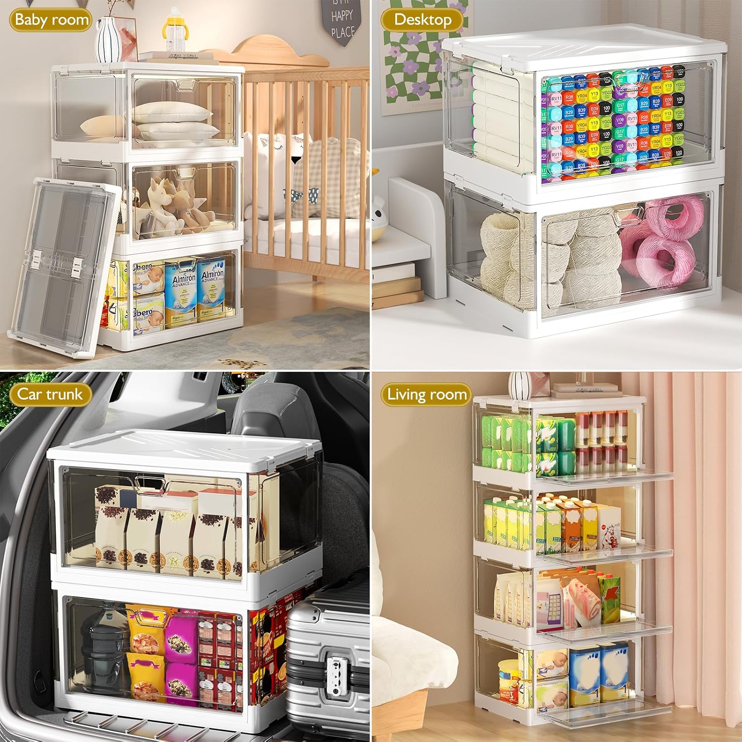 Moonval Clear Storage Bins, 3-Pack Foldable Stackable Containers with Lids & Magnetic Doors