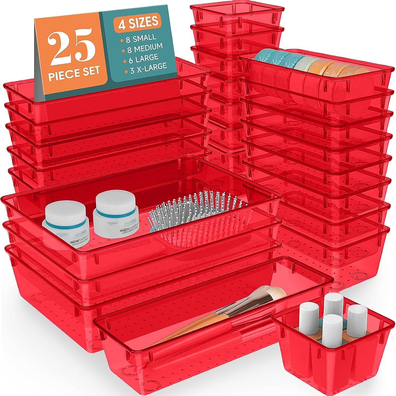 Moonval Clear Drawer Organizer Set, 25-Piece Plastic Storage Trays for Kitchen, Bathroom & Office
