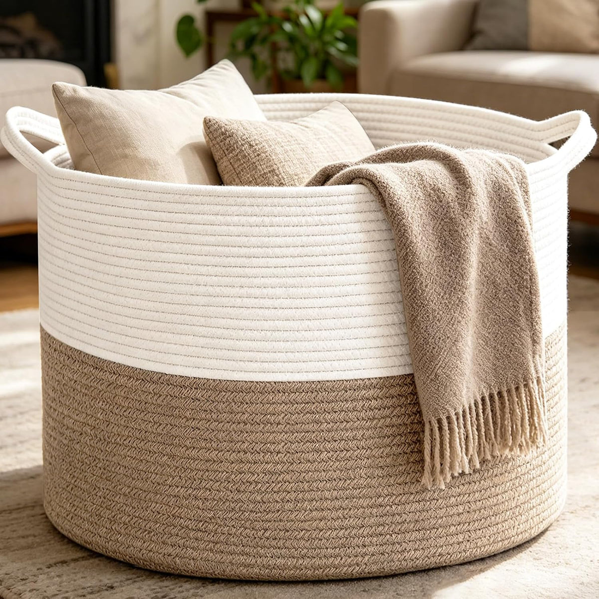 Moonval Woven Blanket Basket, Cotton Rope Storage Hamper with Handles for Laundry, Toys & Blankets