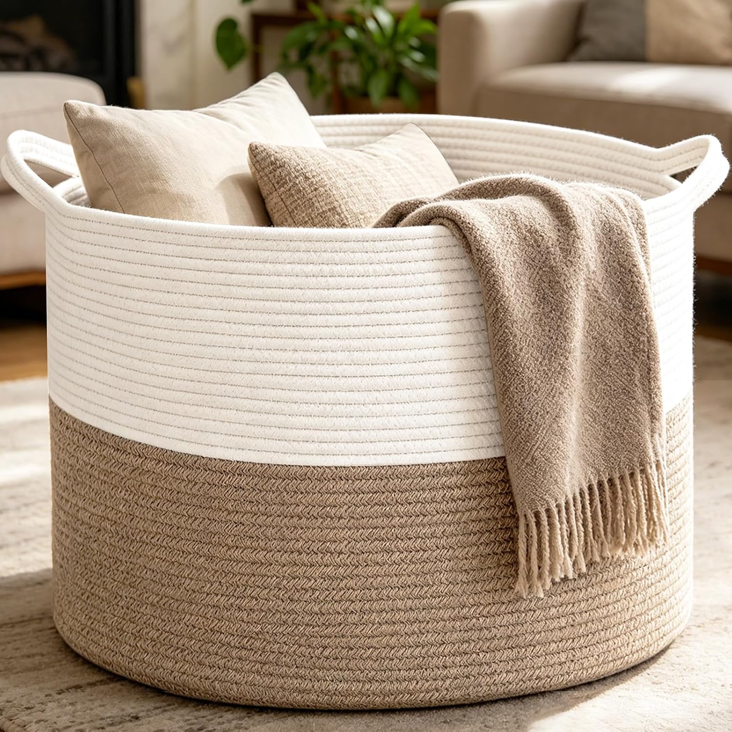 Moonval Woven Blanket Basket, Cotton Rope Storage Hamper with Handles for Laundry, Toys & Blankets