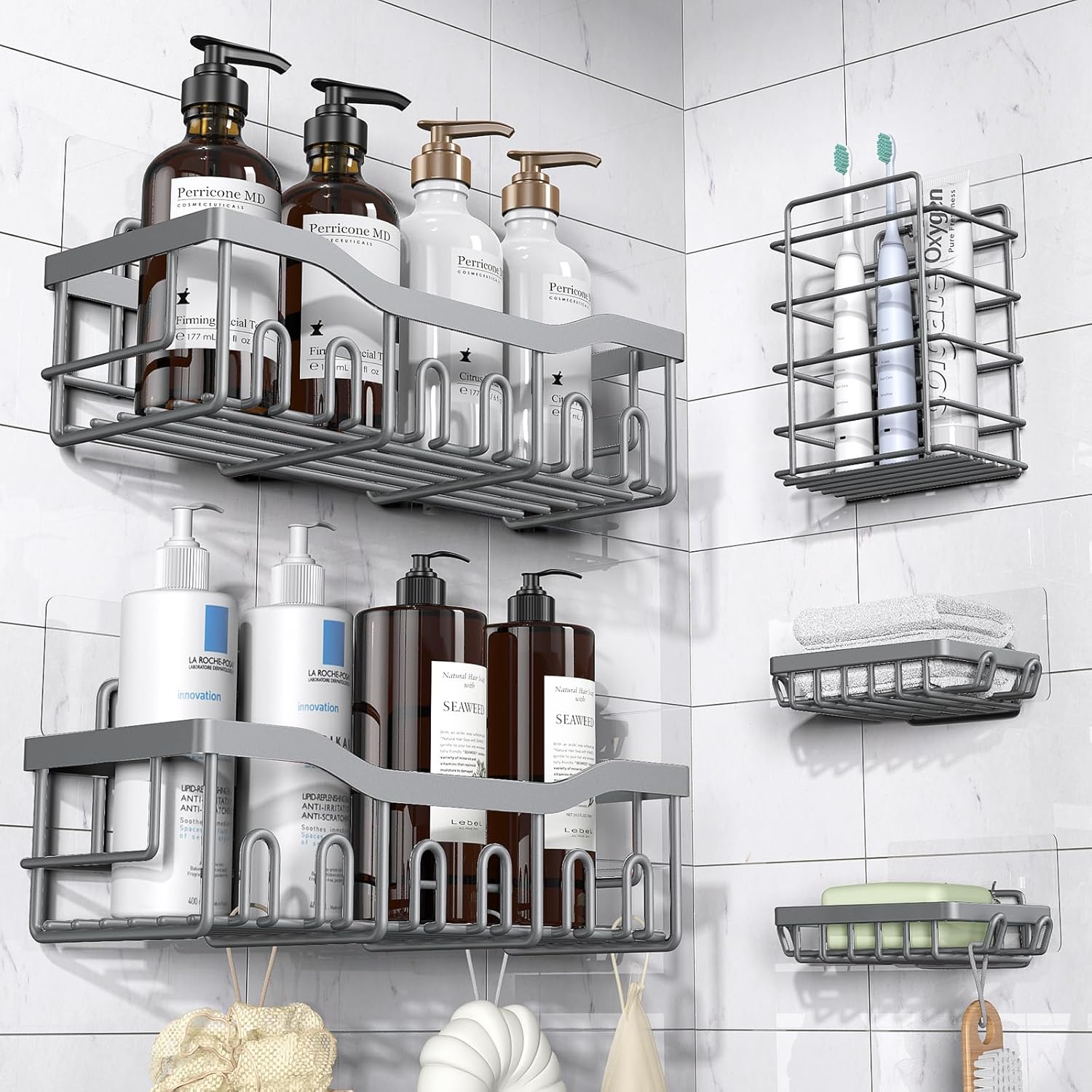 Moonval Adhesive Shower Caddy, 5-Pack Rustproof Stainless Steel Bathroom Organizer Shelves