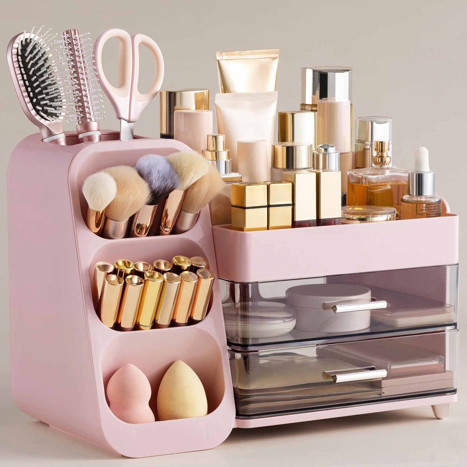 Moonval Bathroom Organizer, 3-Tier Vanity Storage with Brush Holder for Makeup & Skincare