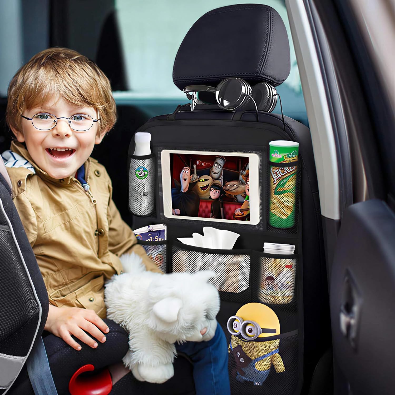 Moonval Backseat Car Organizer, Seat Protector with Tablet Holder & Multi-Pocket Storage for Kids
